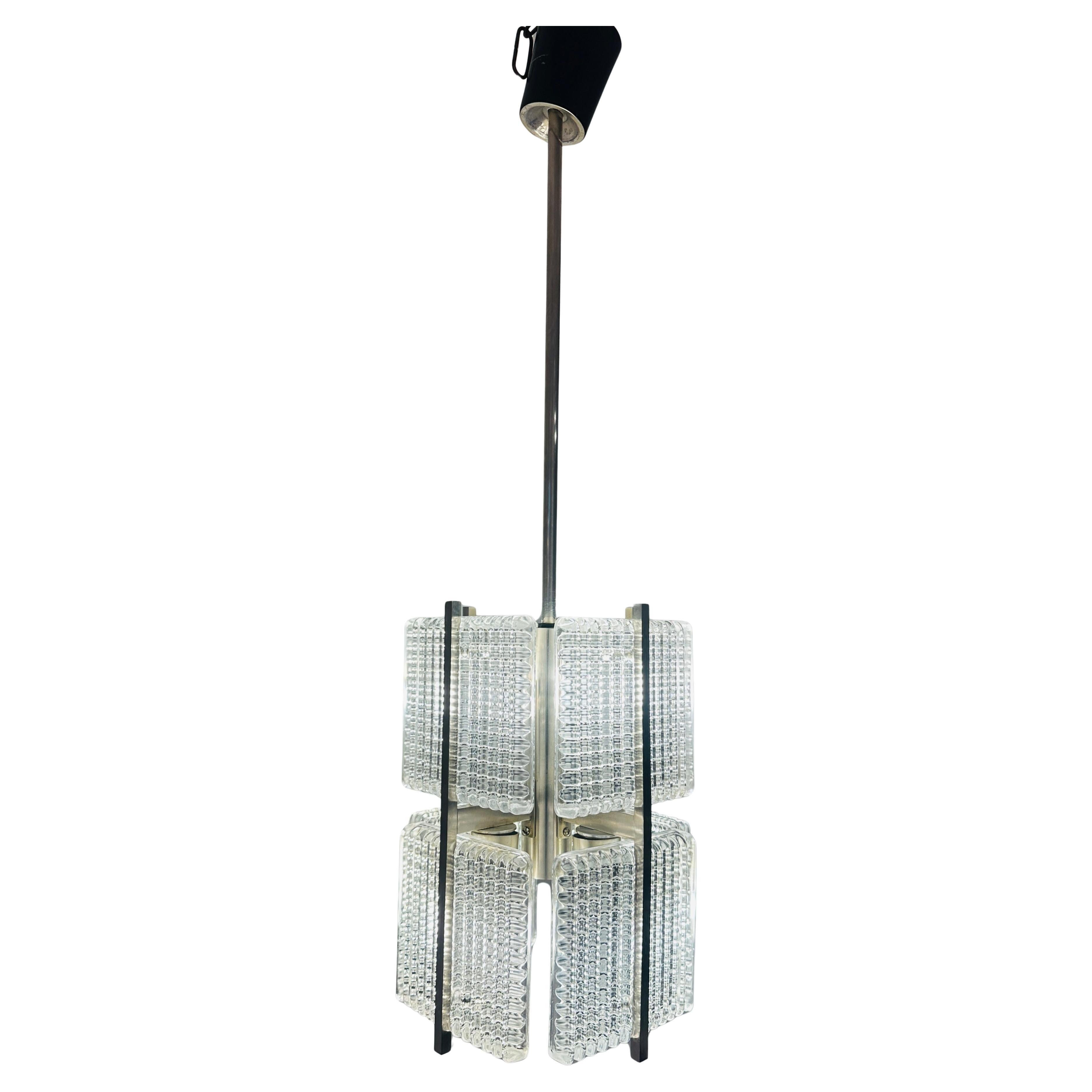 1970s German Kaiser Style Square Ribbed Clear Glass & Chrome Ceiling Light