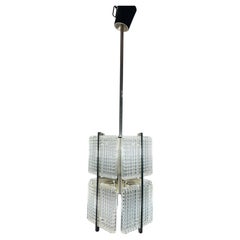 1970s German Kaiser Style Square Ribbed Clear Glass & Chrome Ceiling Light
