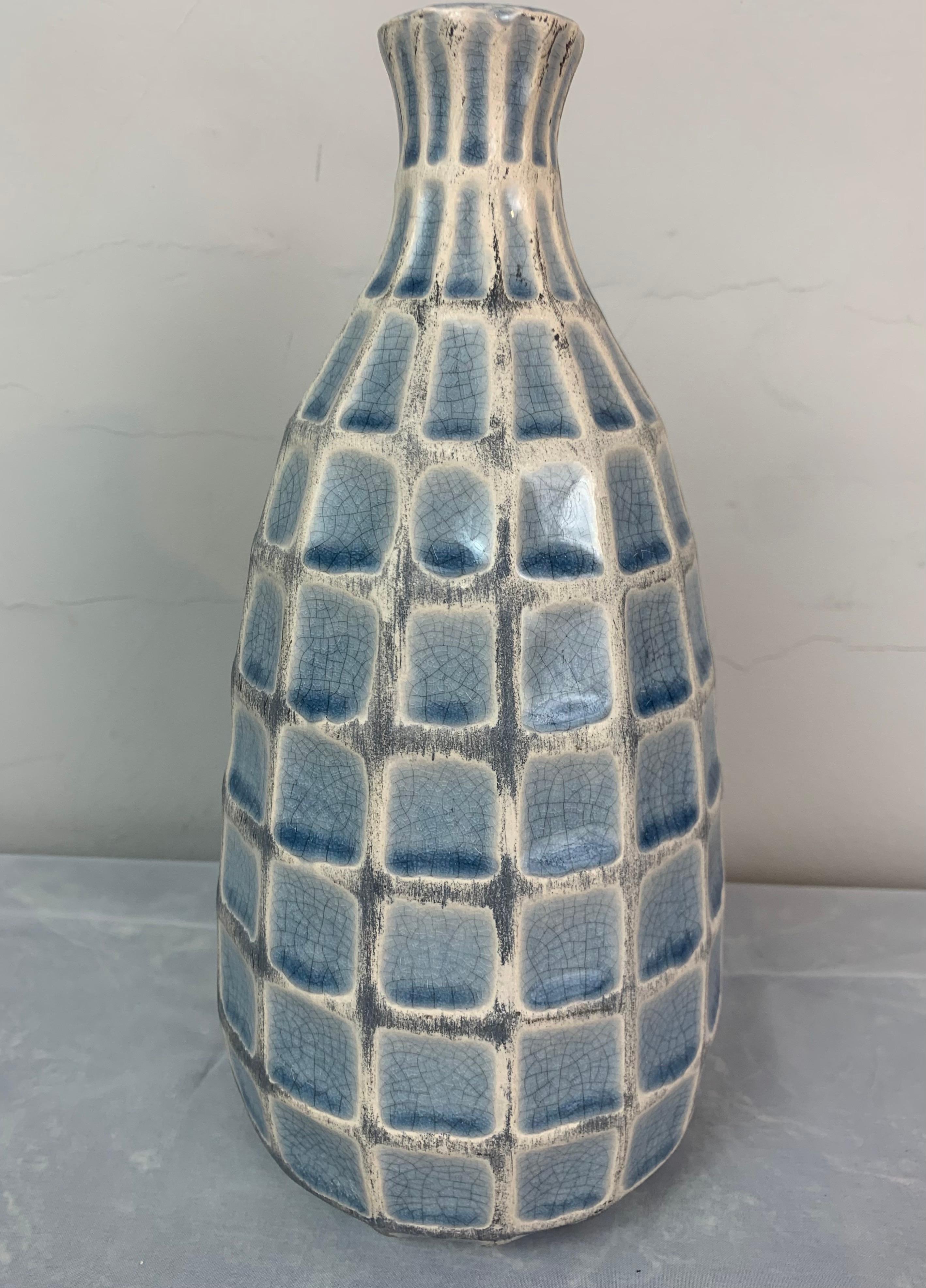1970s German Keramik Style Pale Blue Glazed Squares & White Border Vase or Jar 4