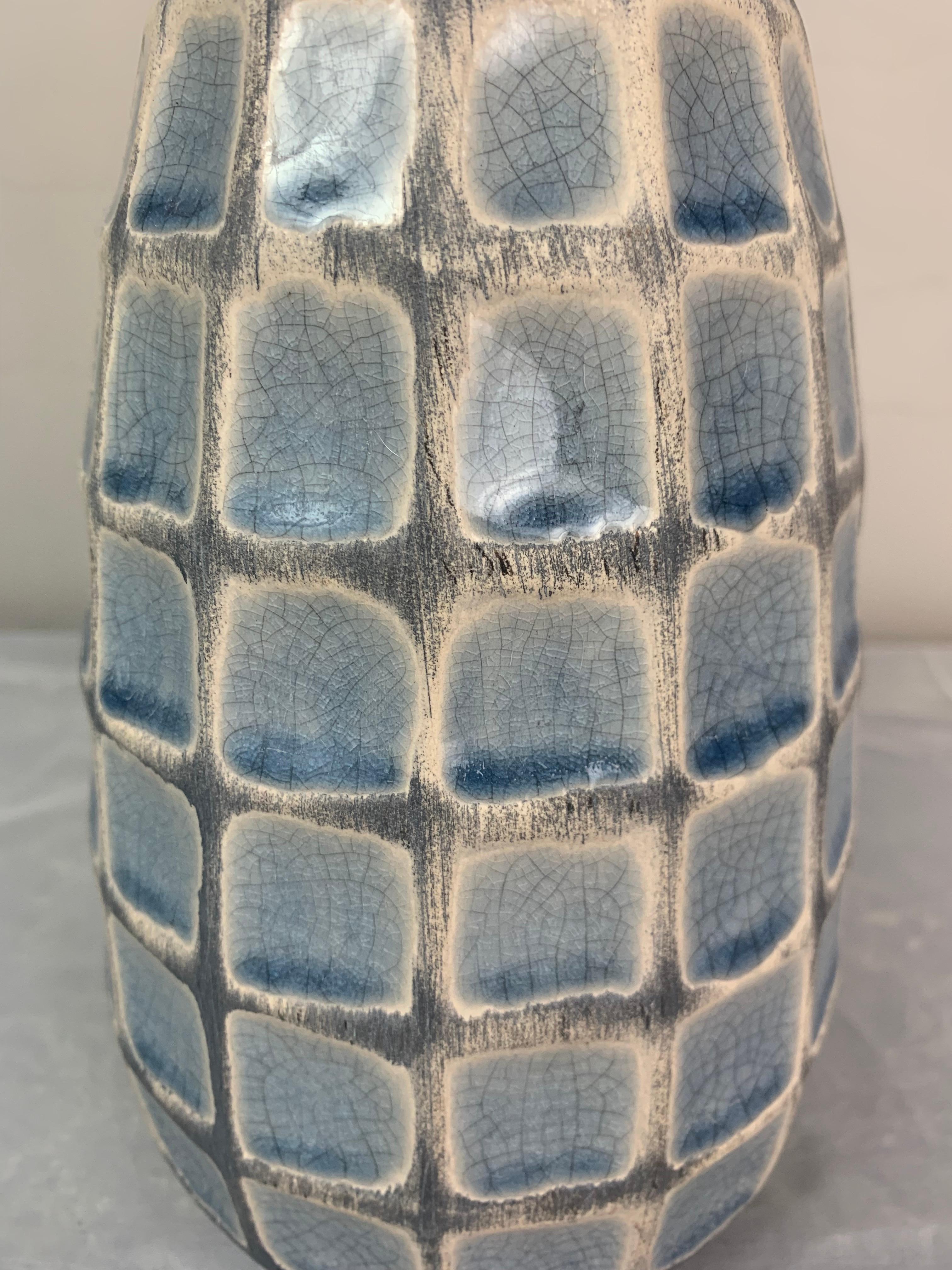 1970s German Keramik Style Pale Blue Glazed Squares & White Border Vase or Jar 13