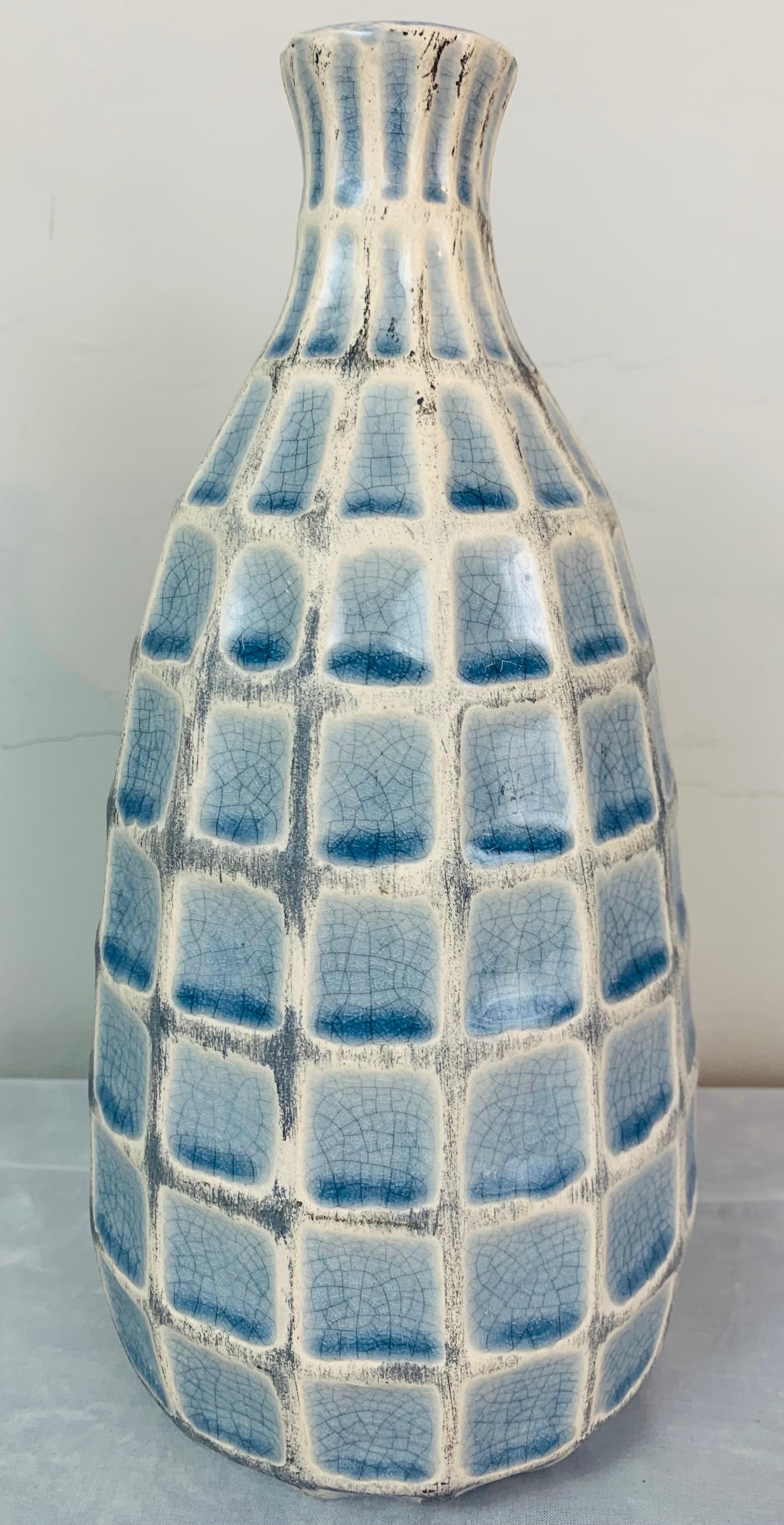 1970s West German Keramik style vase or jar with pale blue glazed squares and white border. Unsigned on the base which has made it difficult to identify the designer or manufacturer. An unusual design where the blue glaze is thicker and deeper