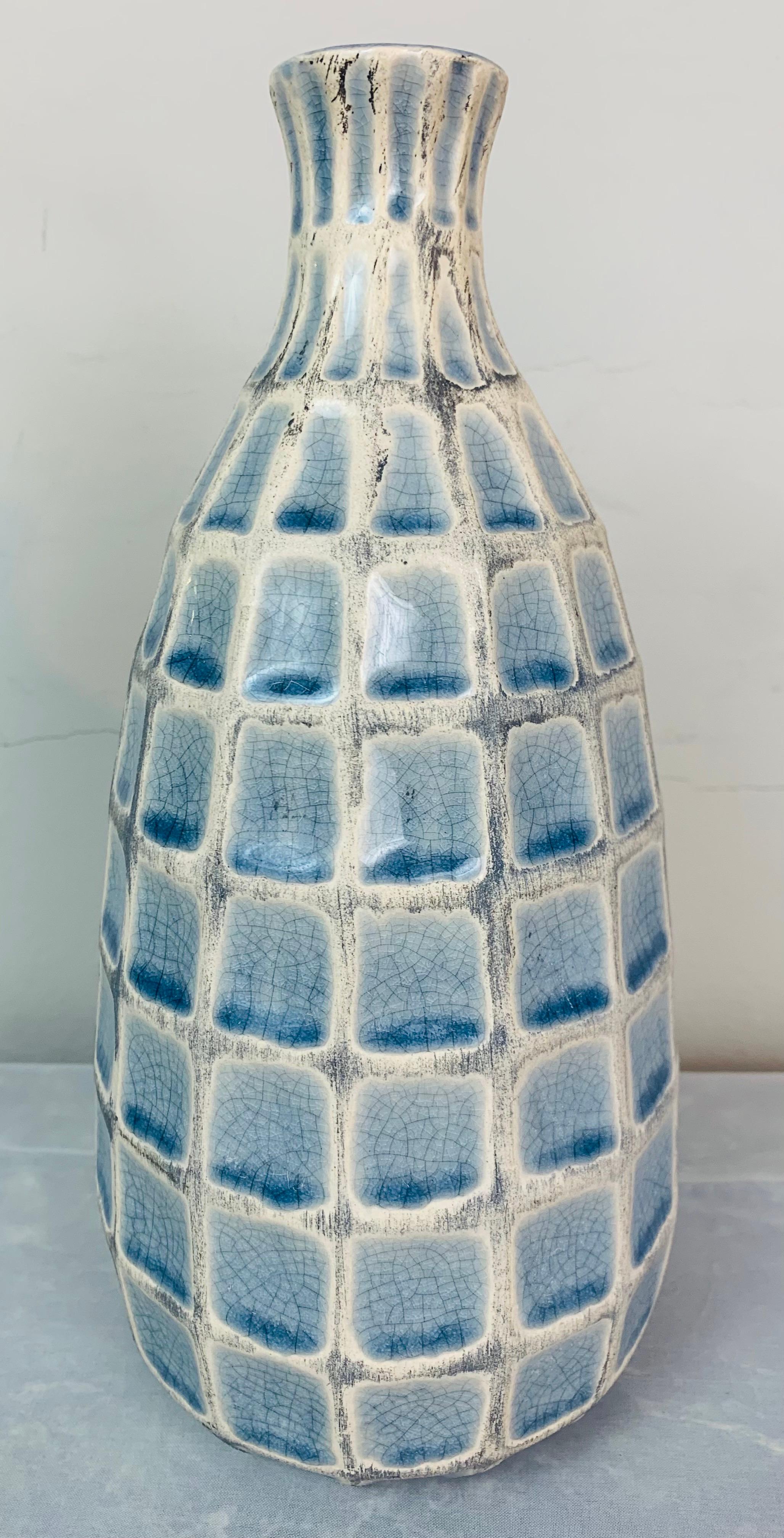 Mid-Century Modern 1970s German Keramik Style Pale Blue Glazed Squares & White Border Vase or Jar