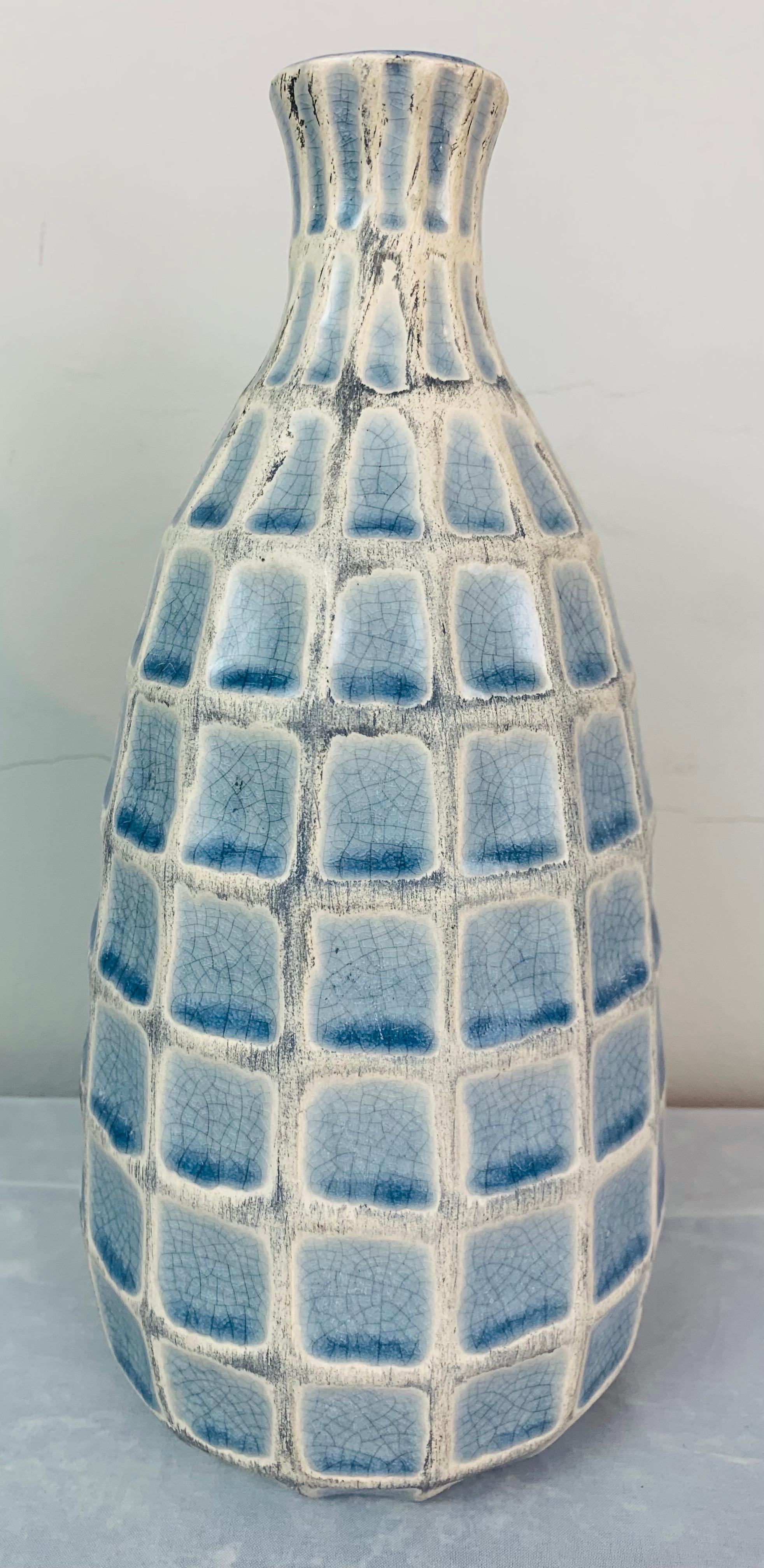 1970s German Keramik Style Pale Blue Glazed Squares & White Border Vase or Jar In Fair Condition In London, GB