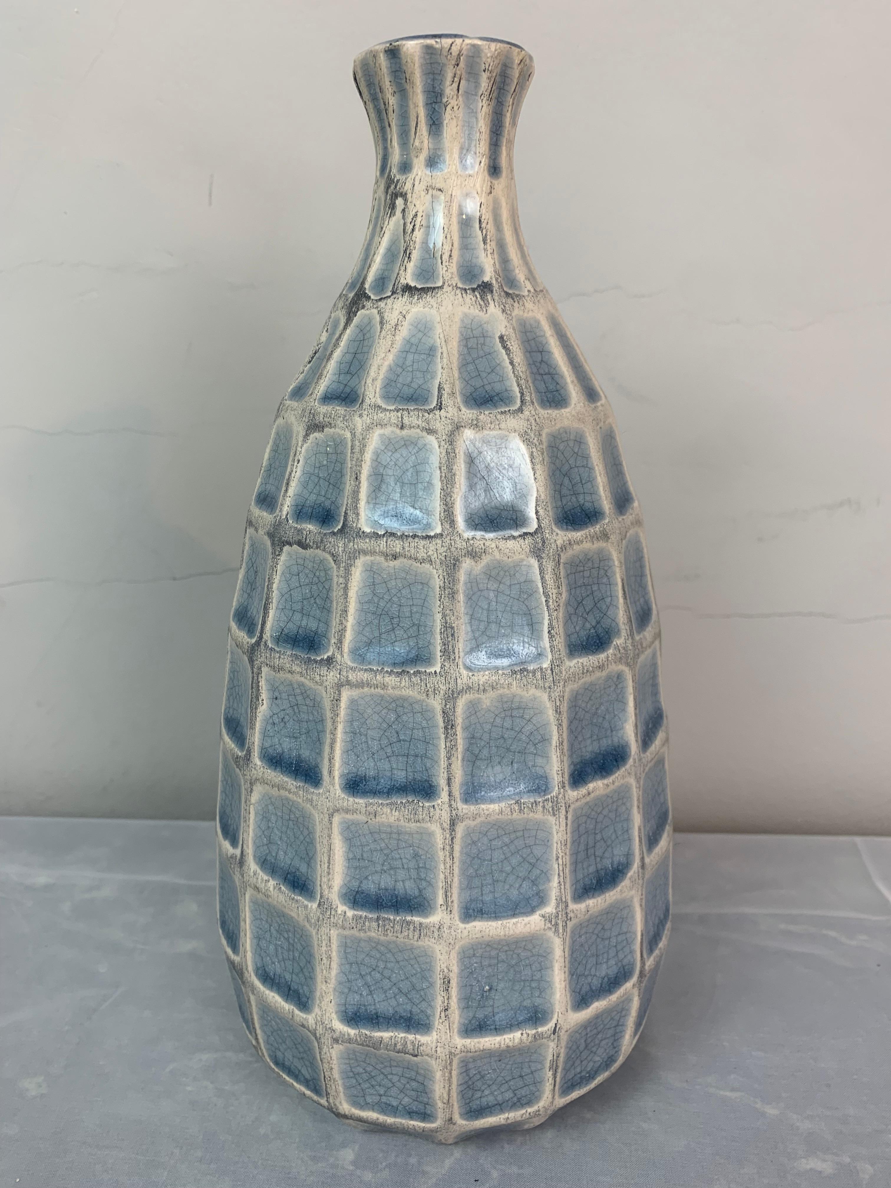 20th Century 1970s German Keramik Style Pale Blue Glazed Squares & White Border Vase or Jar