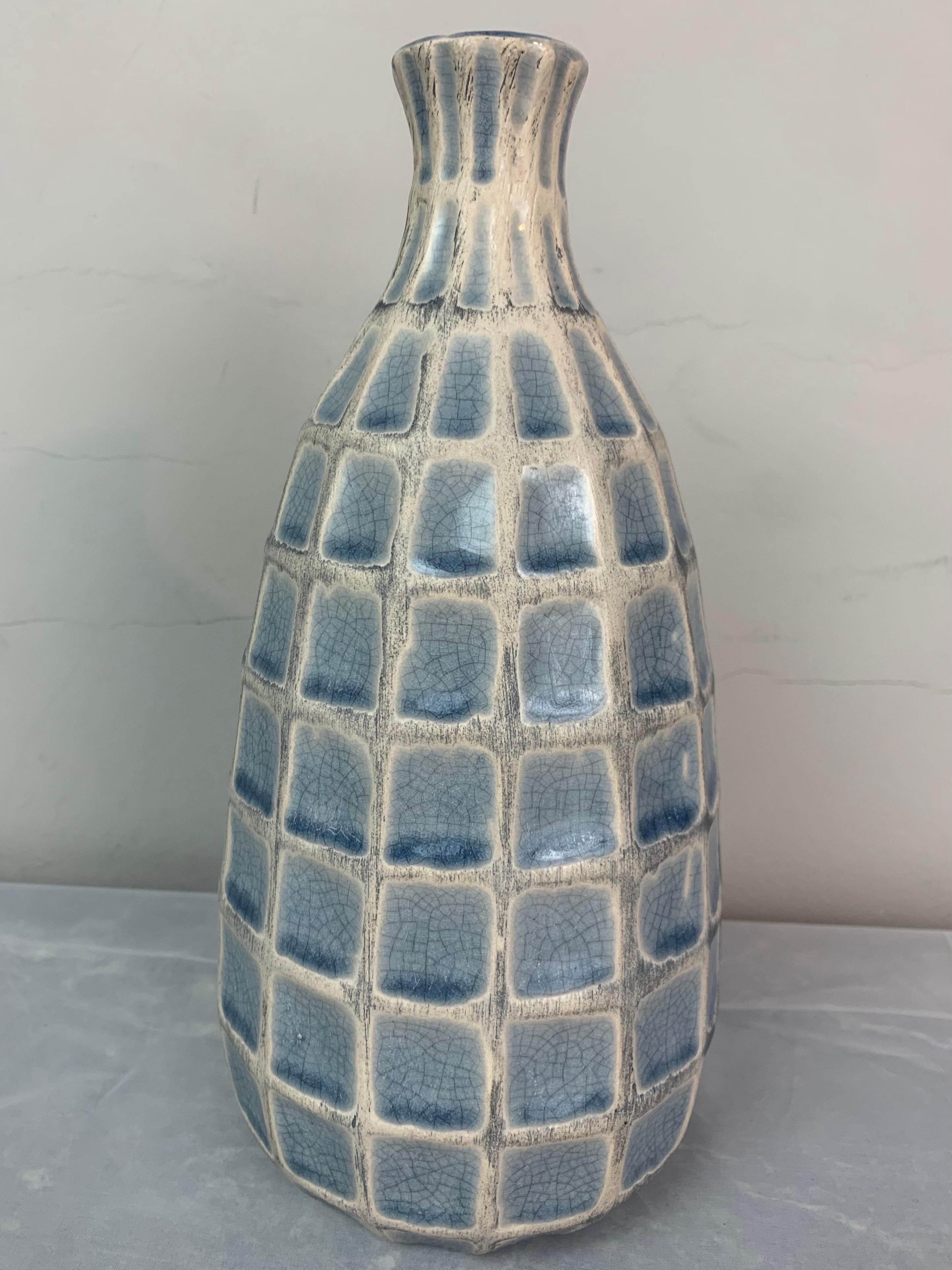 Ceramic 1970s German Keramik Style Pale Blue Glazed Squares & White Border Vase or Jar