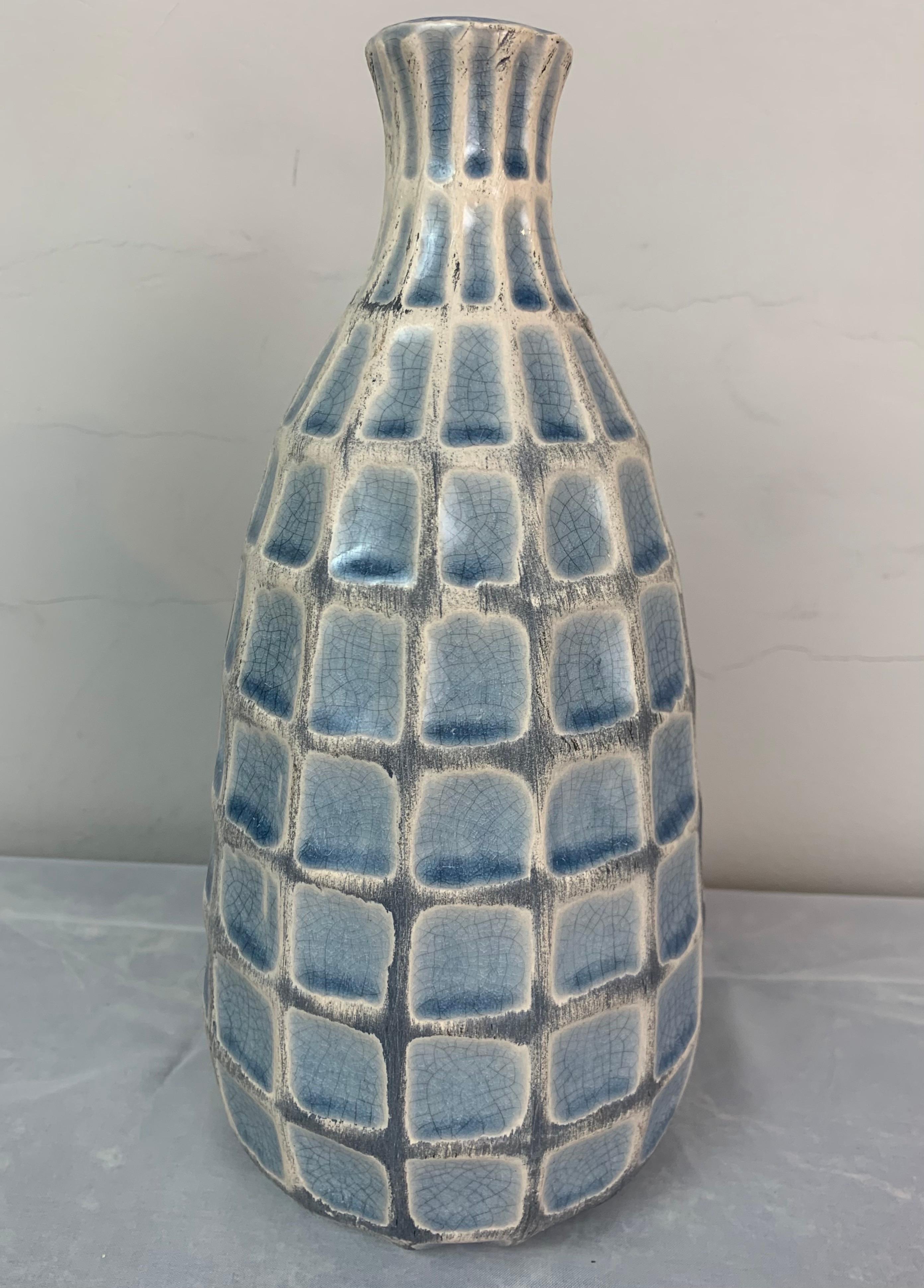 1970s German Keramik Style Pale Blue Glazed Squares & White Border Vase or Jar 2