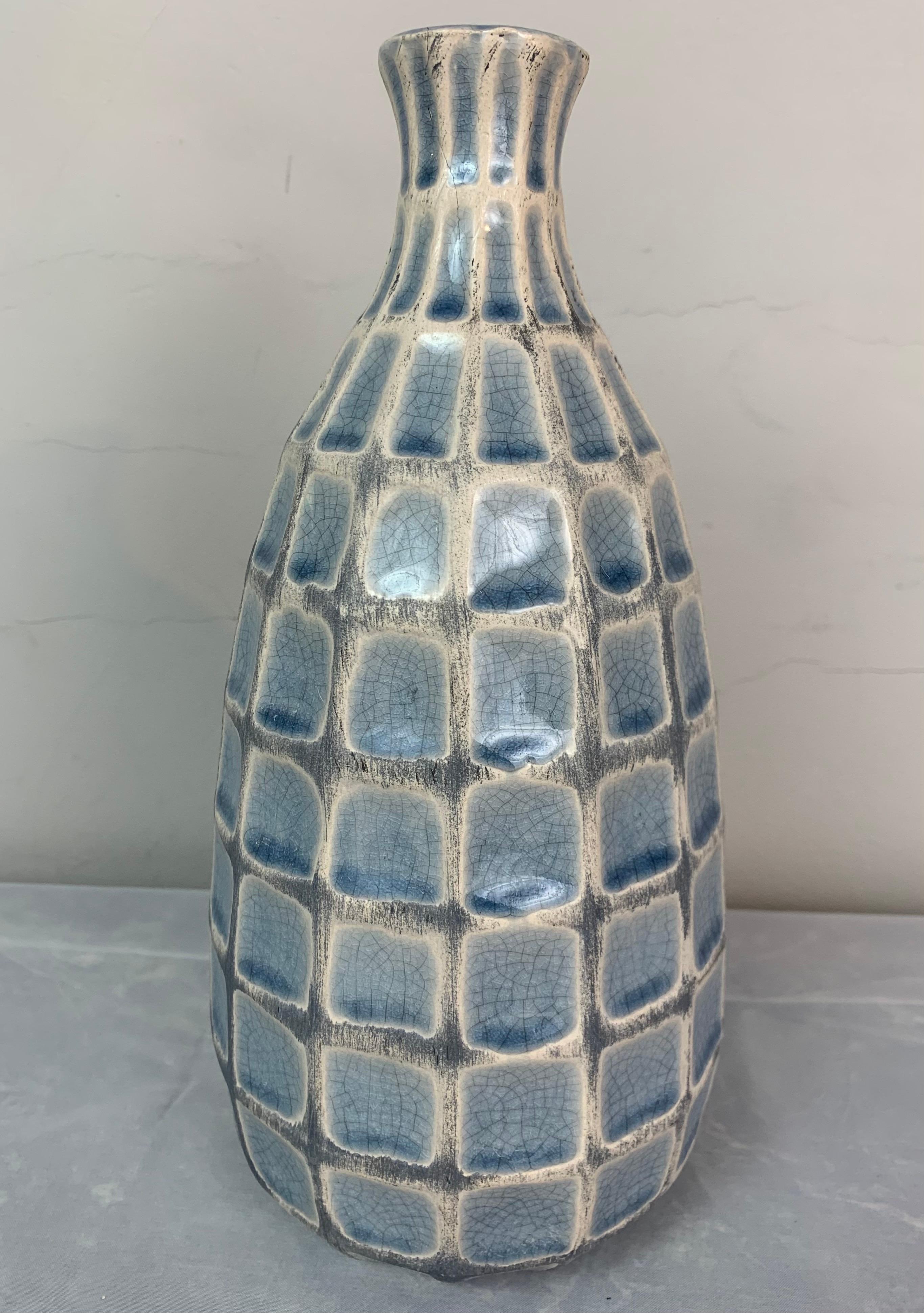 1970s German Keramik Style Pale Blue Glazed Squares & White Border Vase or Jar 3