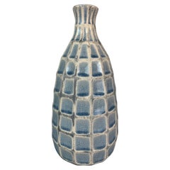 Vintage 1970s German Keramik Style Pale Blue Glazed Squares & White Border Vase or Jar