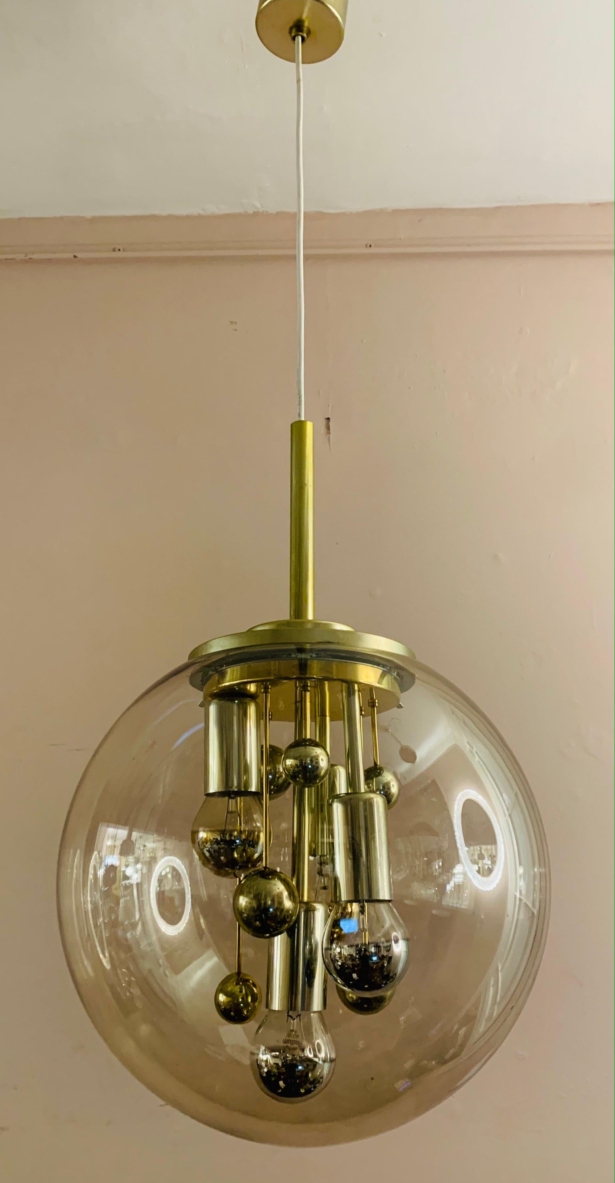 1970s German Large Doria Leuchten Smoked Globe Glass & Brass Pendant Light 6