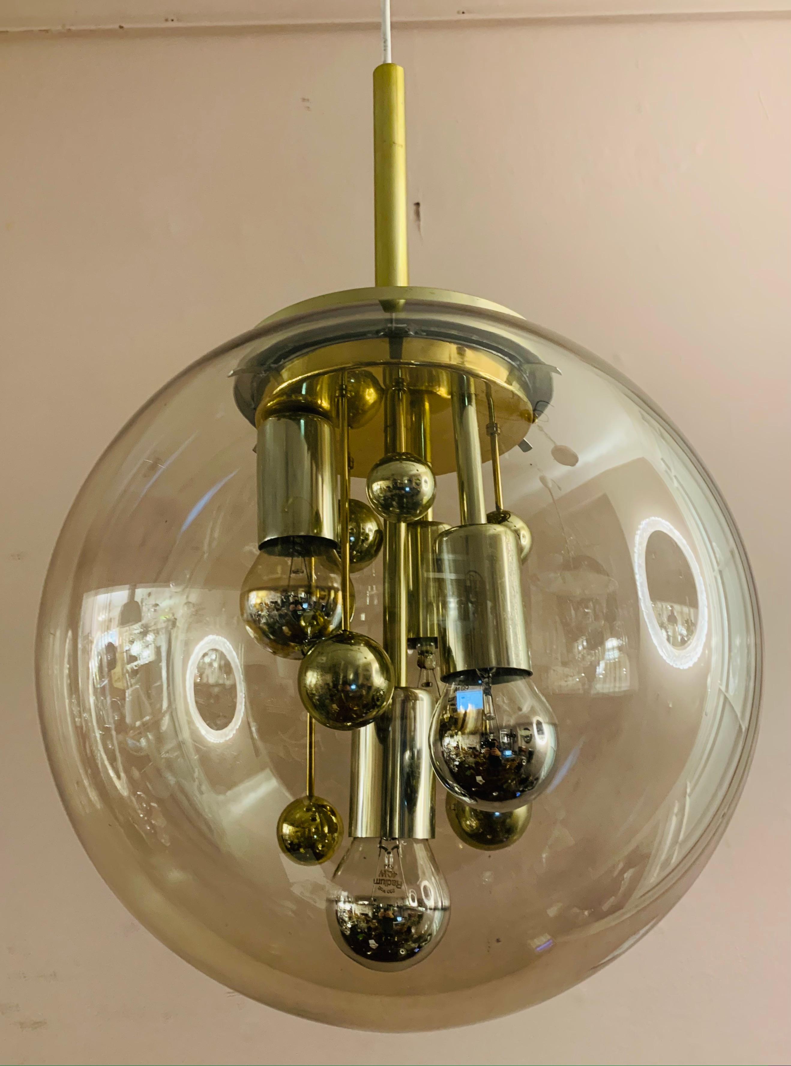 1970s German Large Doria Leuchten Smoked Globe Glass & Brass Pendant Light 7