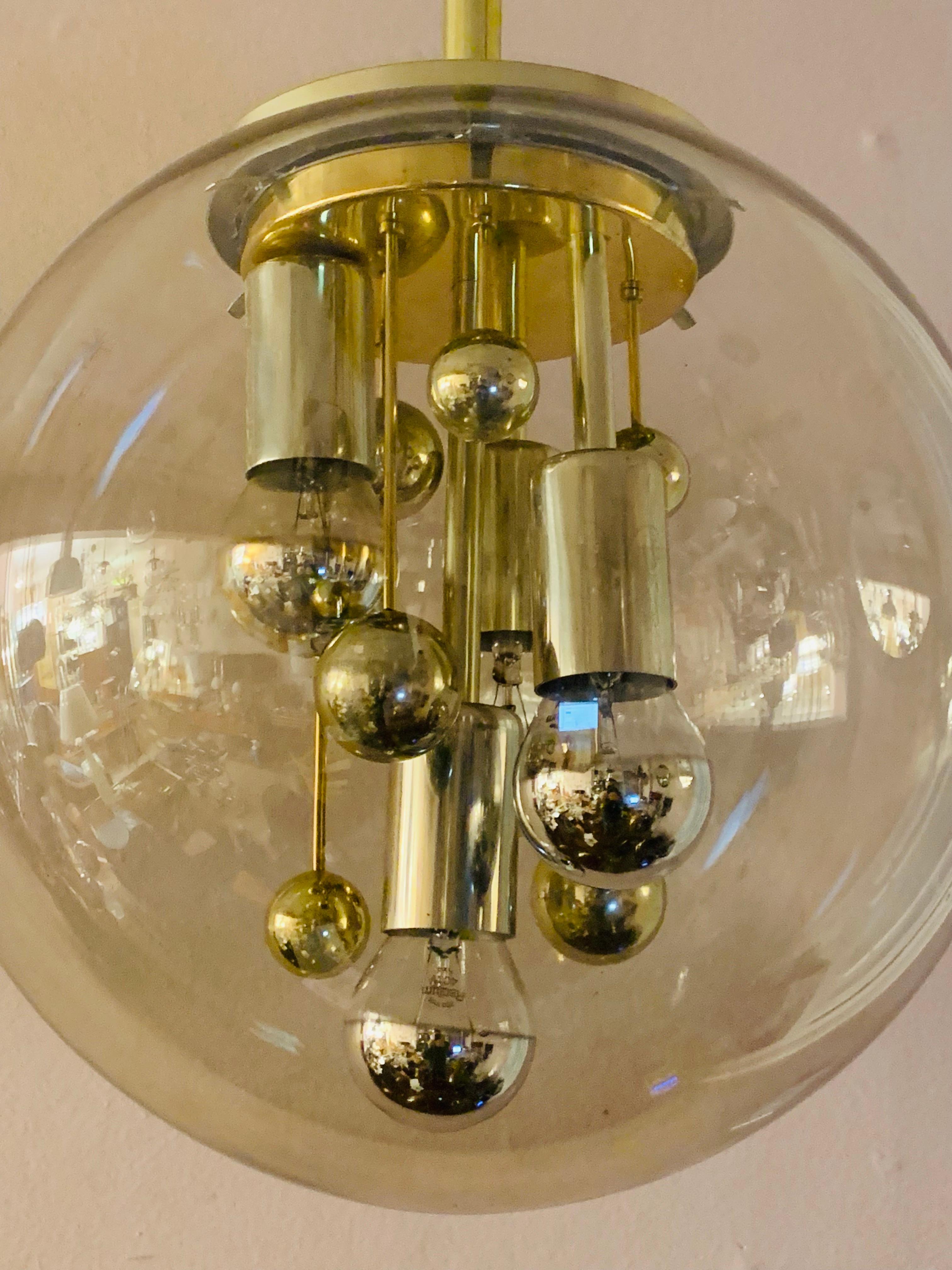 1970s German Large Doria Leuchten Smoked Globe Glass & Brass Pendant Light 8