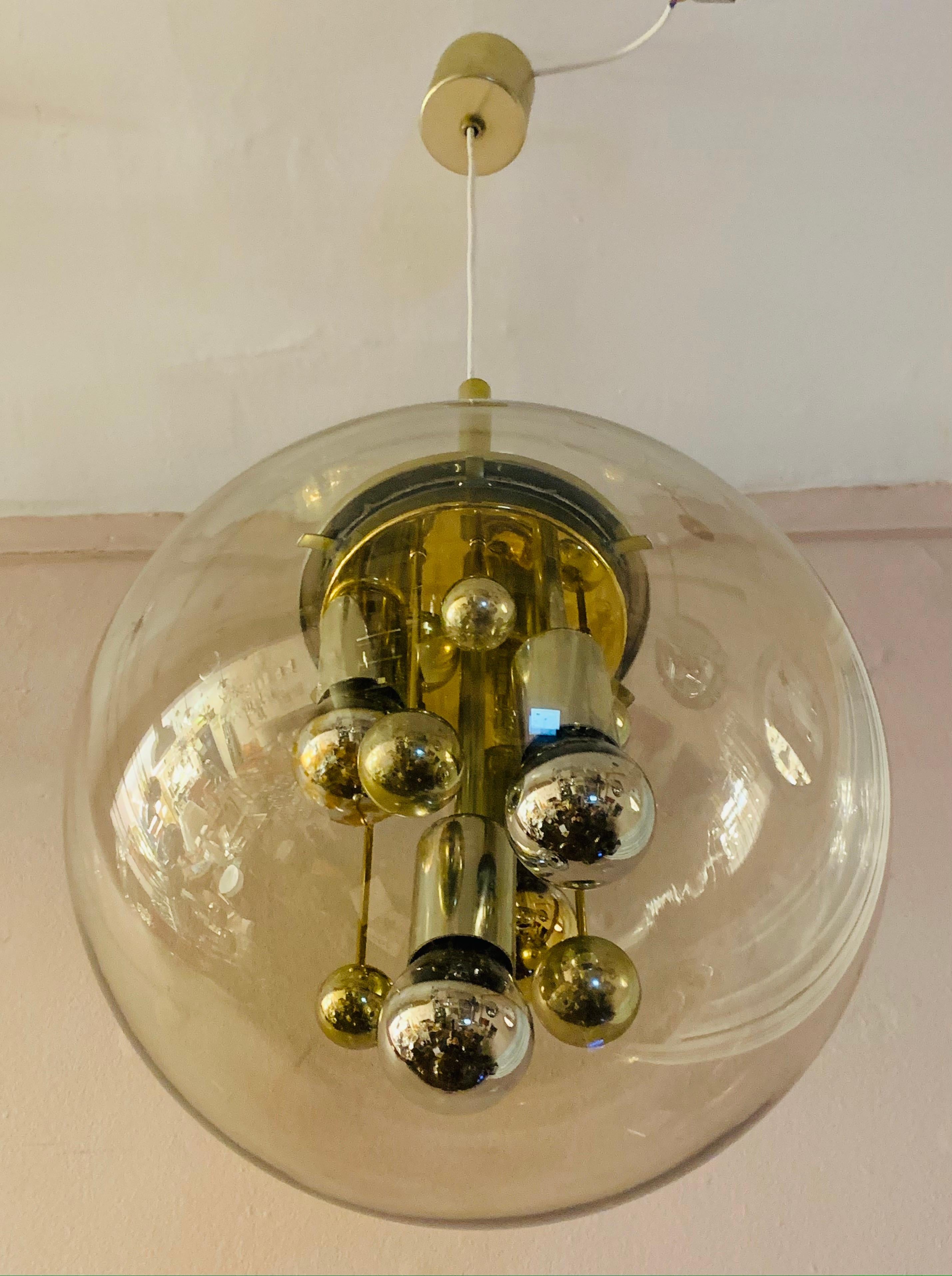 1970s German Large Doria Leuchten Smoked Globe Glass & Brass Pendant Light 9