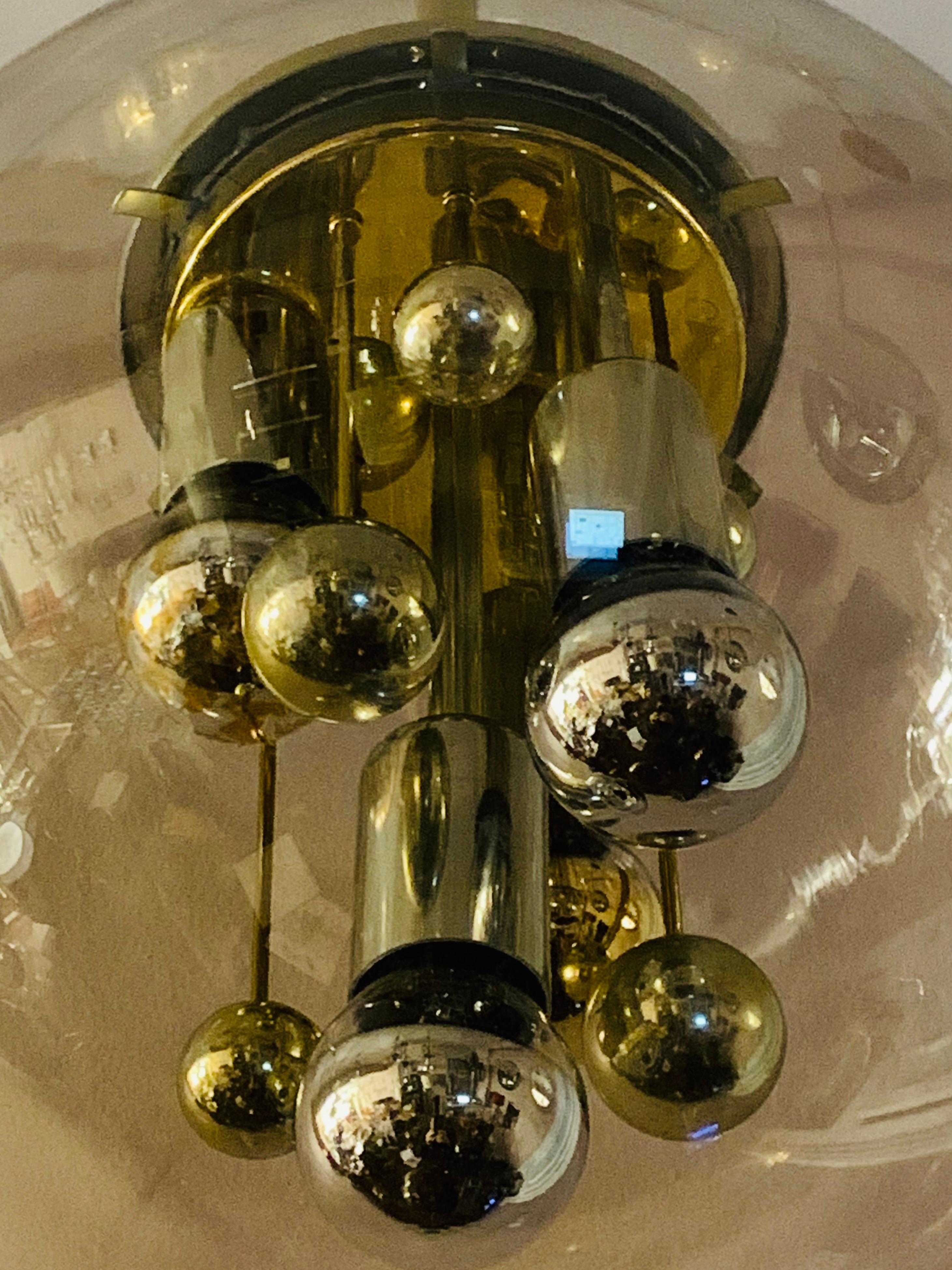 1970s German Large Doria Leuchten Smoked Globe Glass & Brass Pendant Light 10