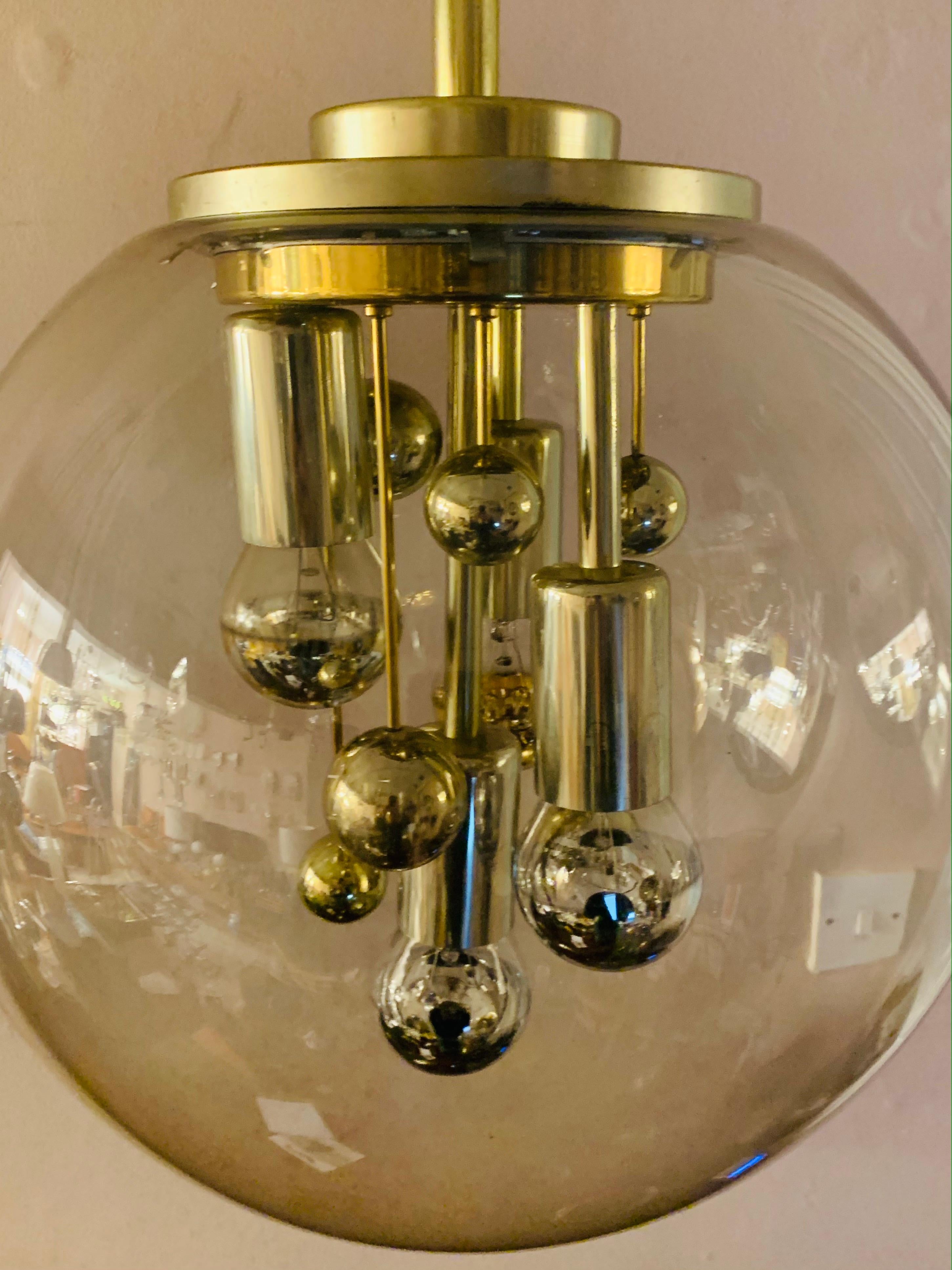 1970s German Large Doria Leuchten Smoked Globe Glass & Brass Pendant Light 11