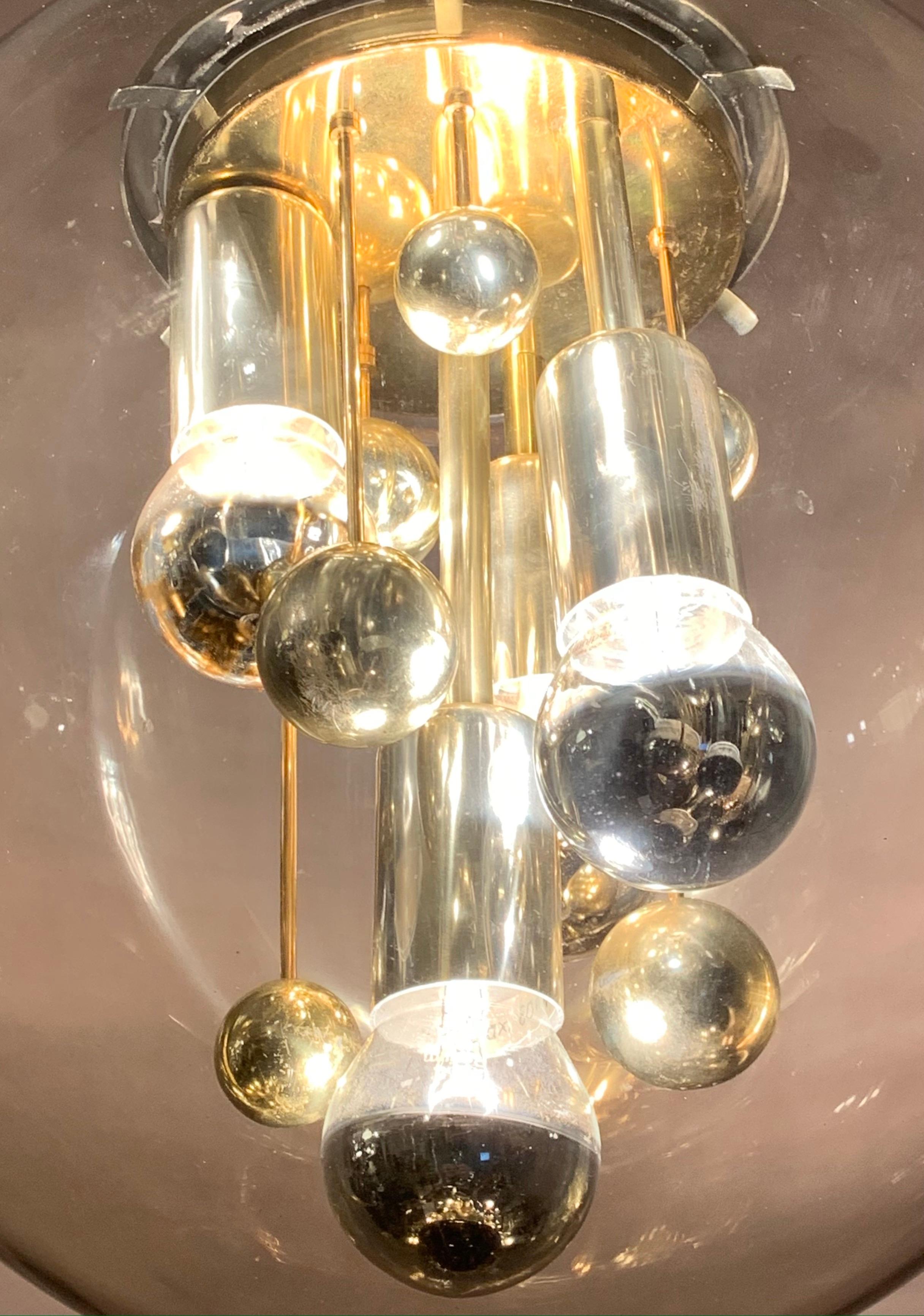 1970s German Large Doria Leuchten Smoked Globe Glass & Brass Pendant Light In Good Condition In London, GB