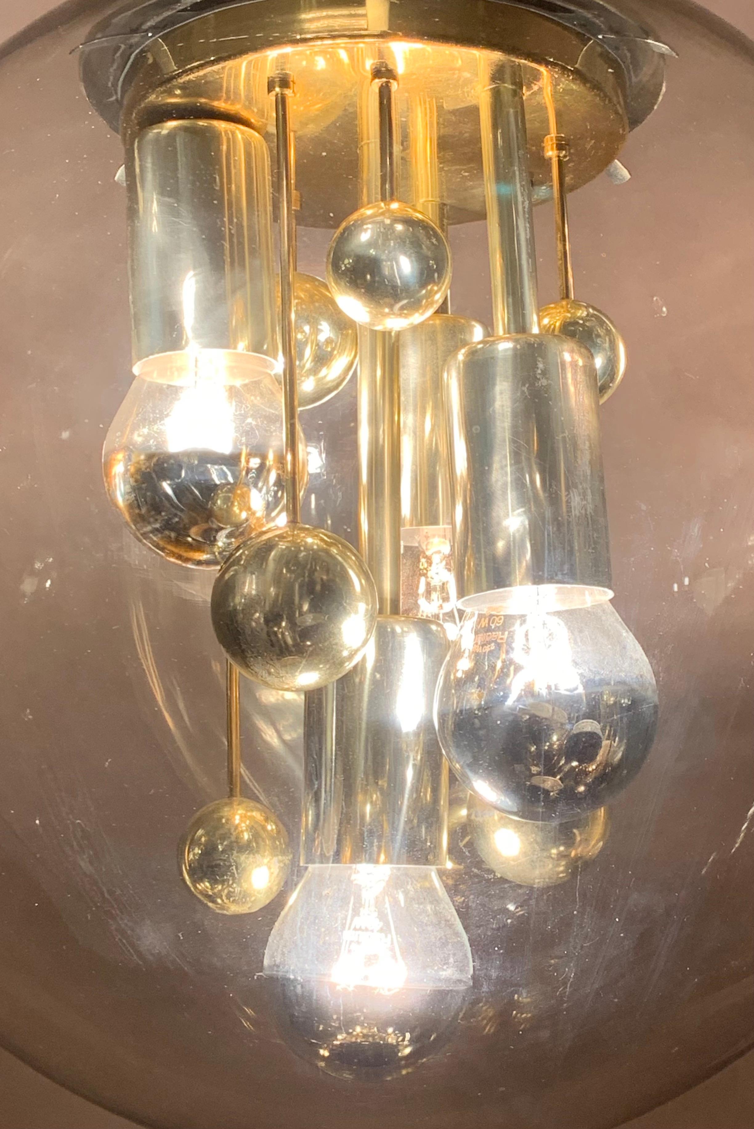 20th Century 1970s German Large Doria Leuchten Smoked Globe Glass & Brass Pendant Light