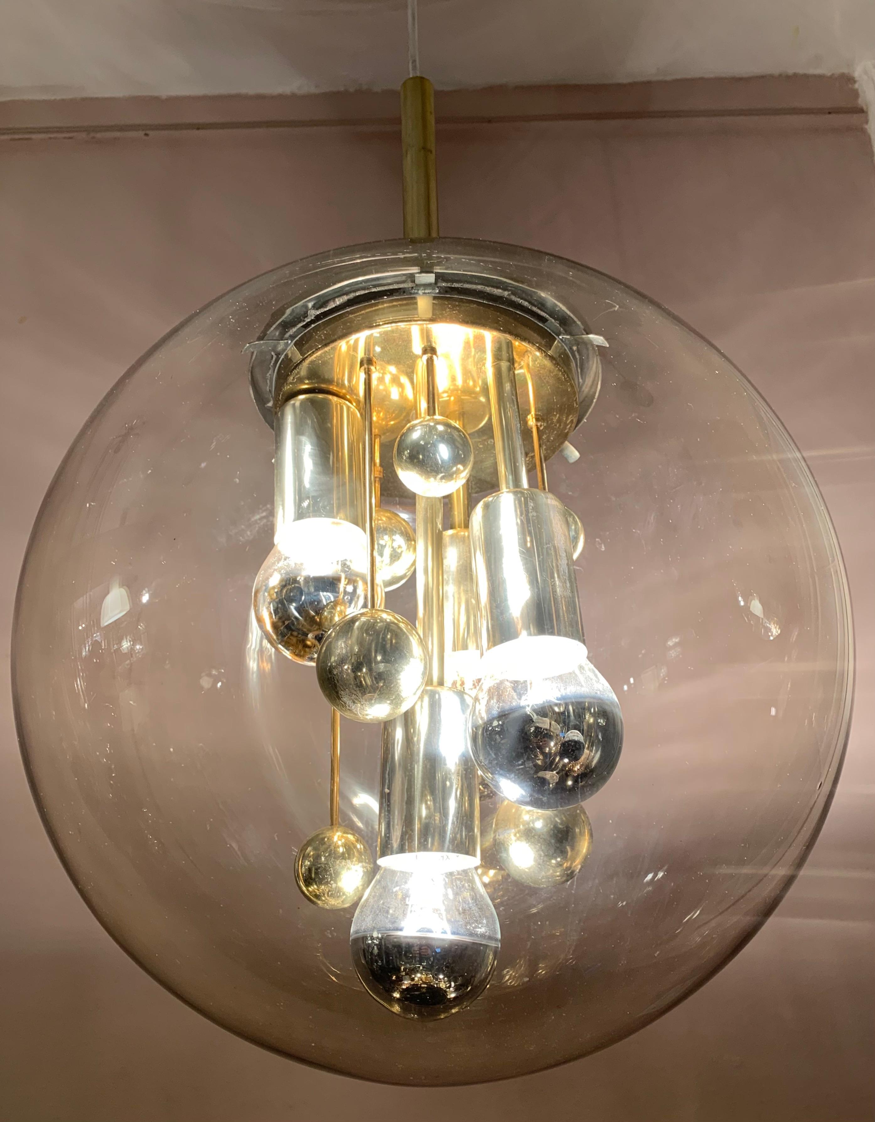 1970s German Large Doria Leuchten Smoked Globe Glass & Brass Pendant Light 1
