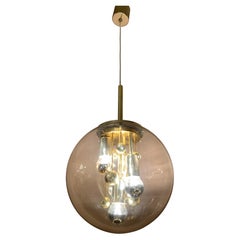 1970s German Large Doria Leuchten Smoked Globe Glass & Brass Pendant Light