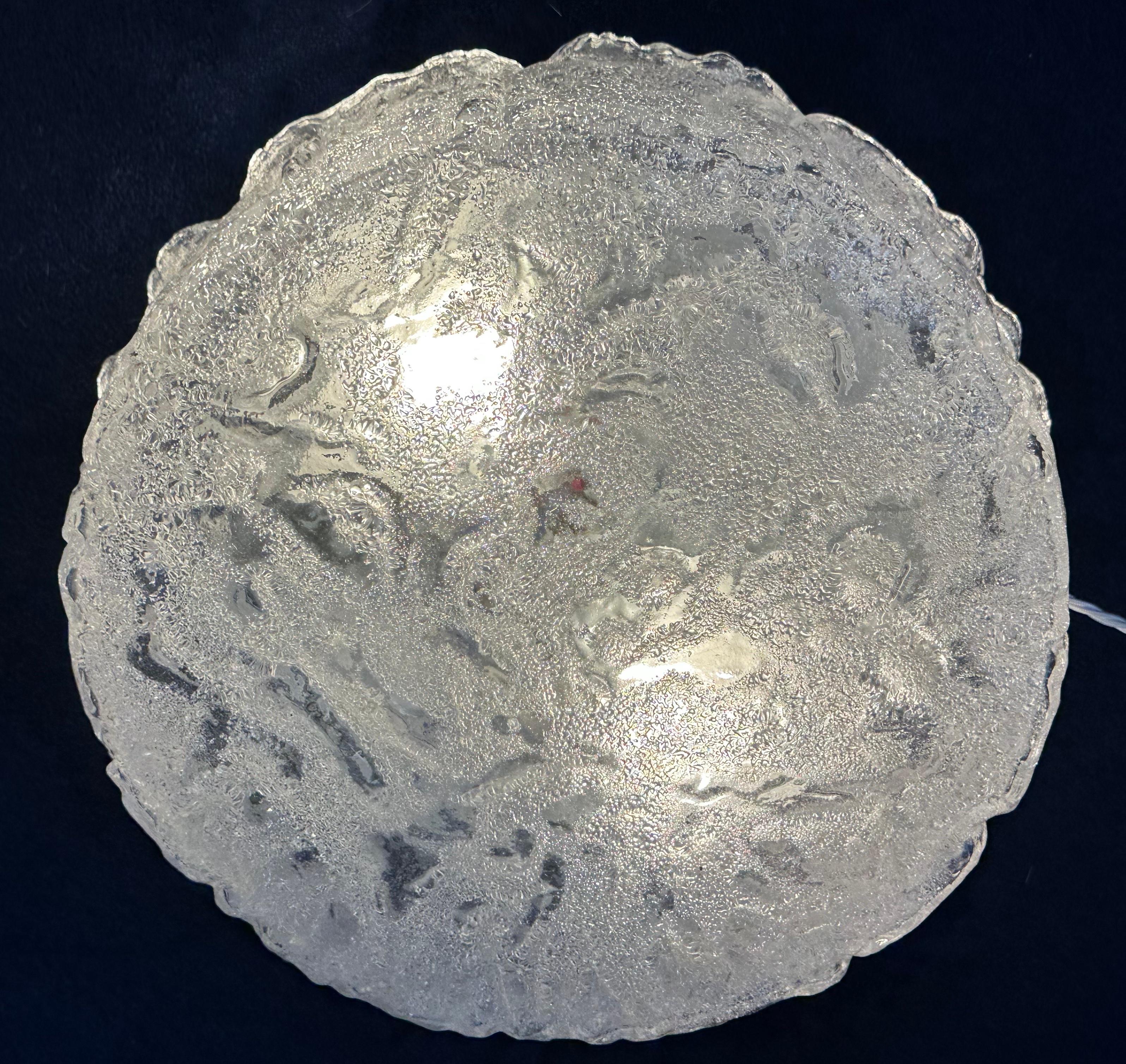 1970s German Limburg Textured Iced-Glass Flush Mount Ceiling or Wall Light For Sale 1