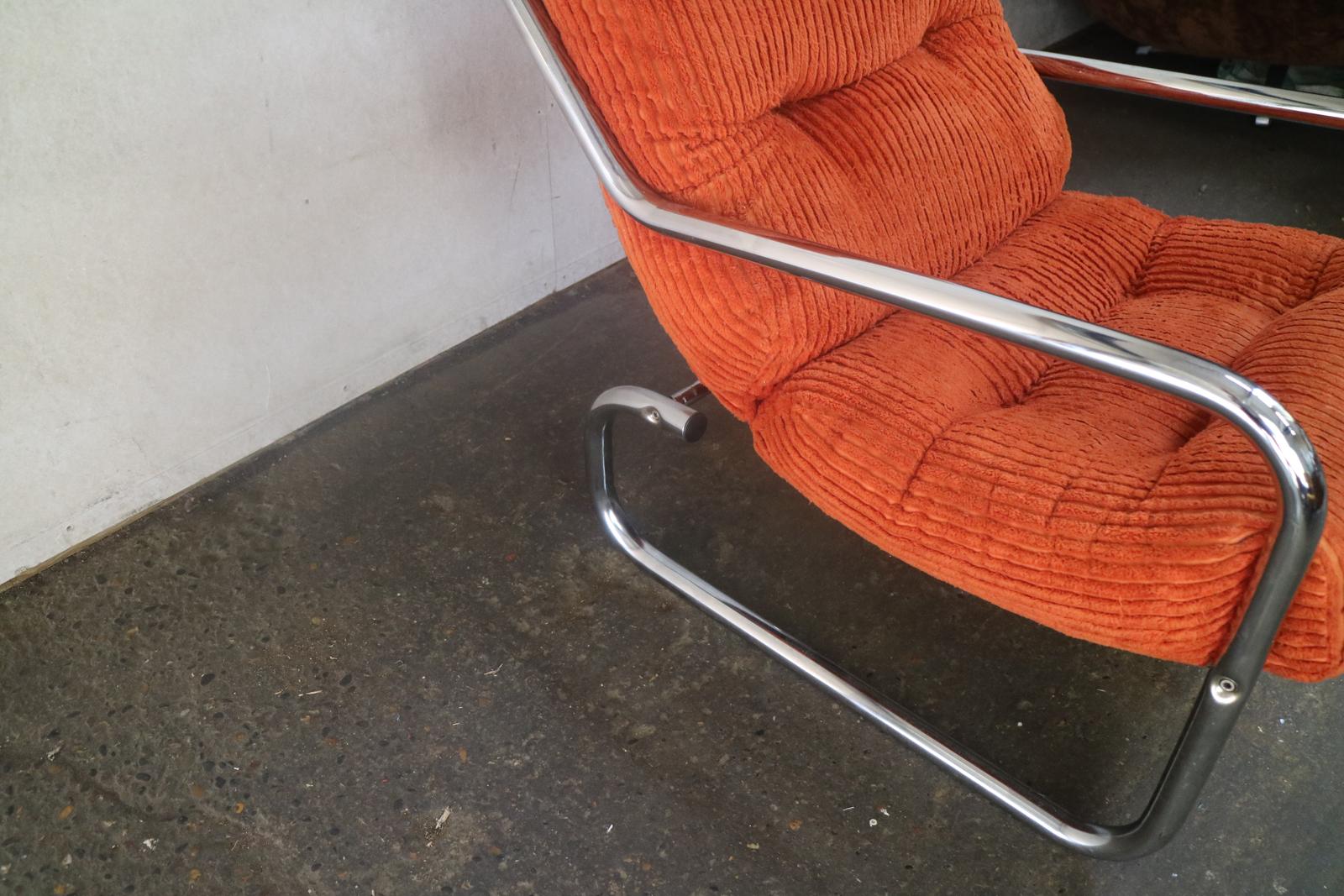 Plated 1970s German Midcentury Lounge Chair Upholstered in the Original Bright Orange