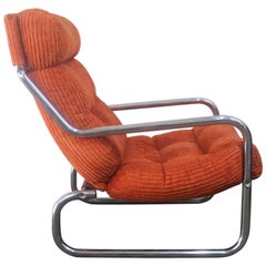 1970s German Midcentury Lounge Chair Upholstered in the Original Bright Orange