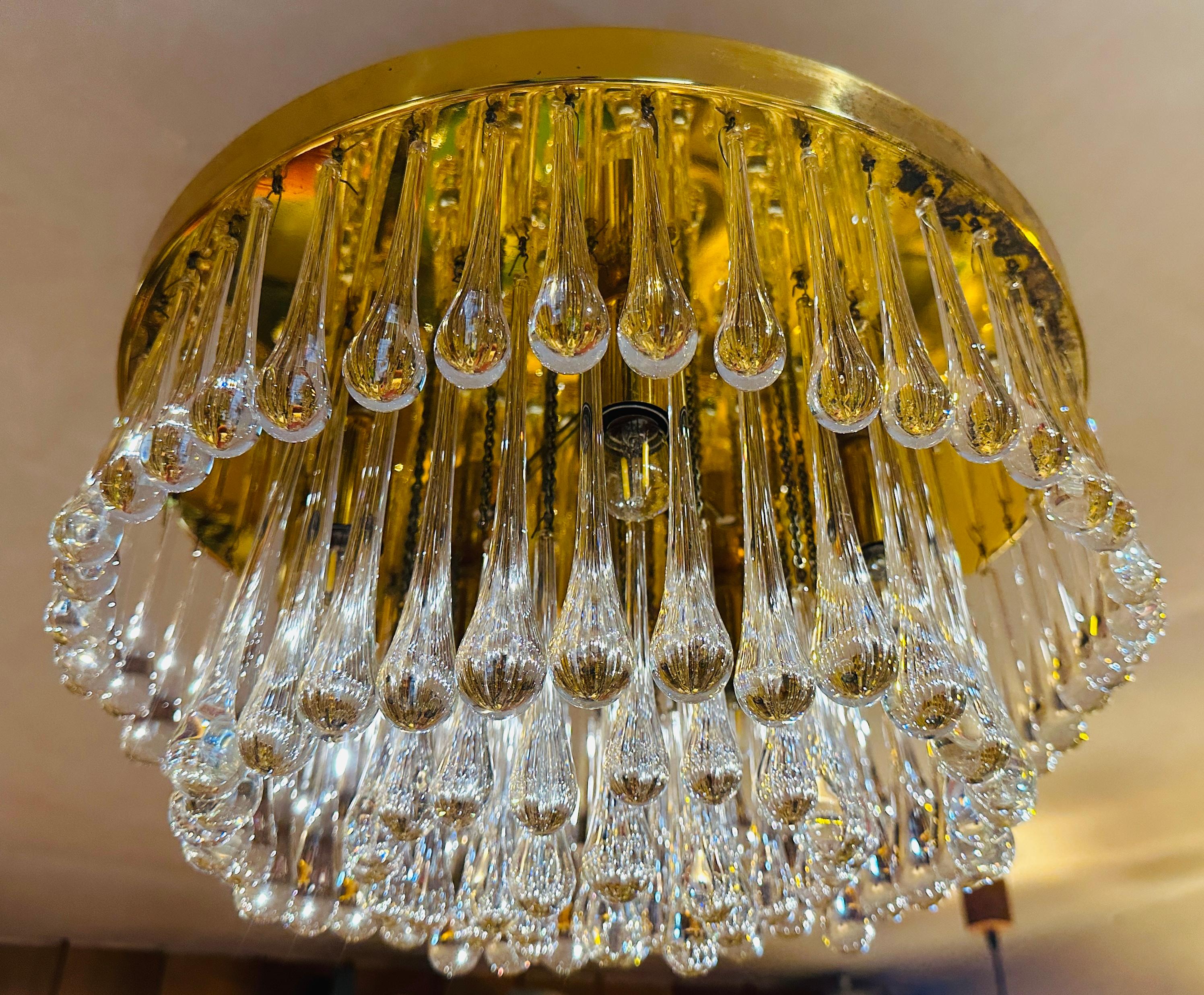 1970s German Murano Glass Tear Drop & Brass Flush Mount by Christoph Palme en vente 4