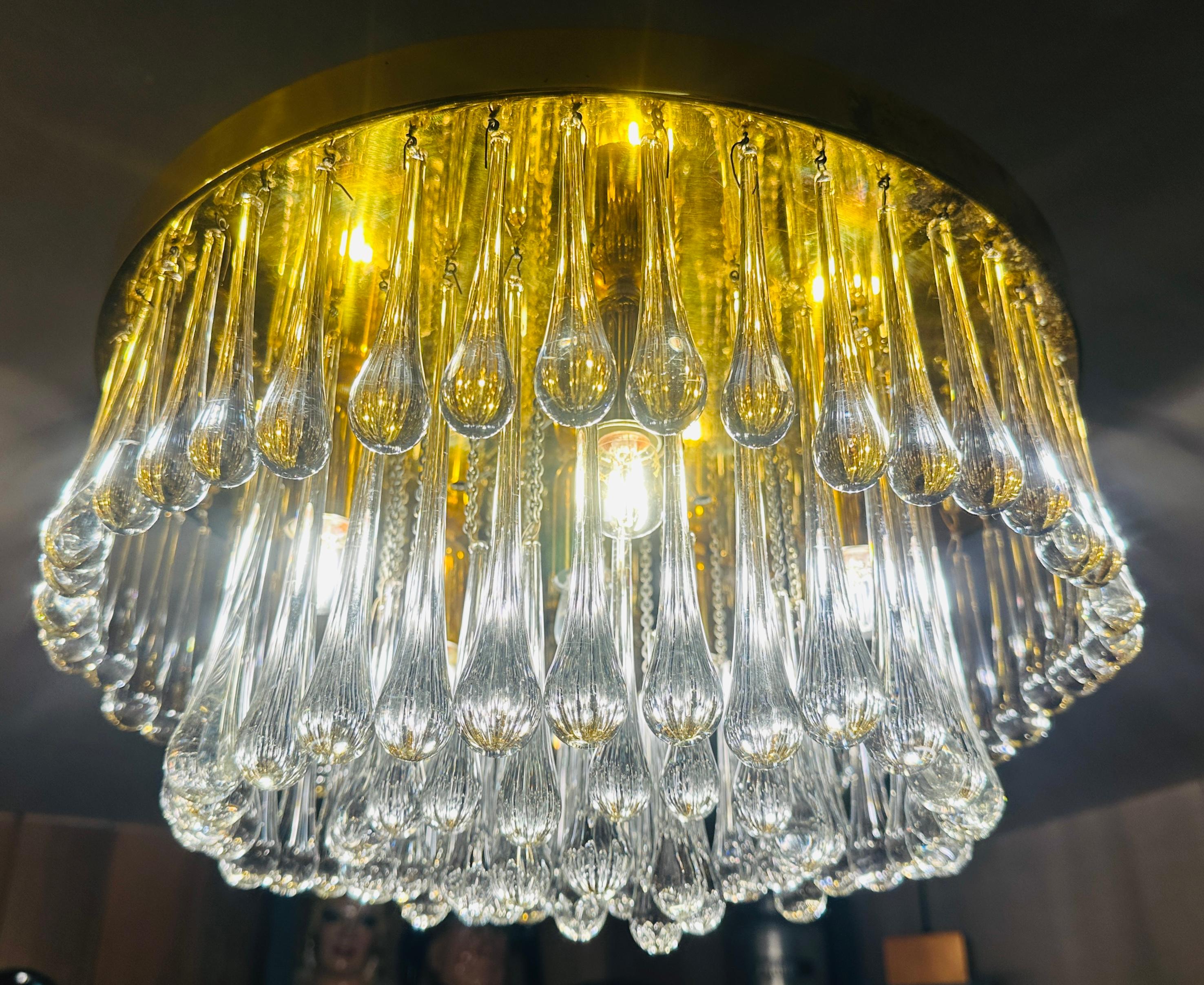 Allemand 1970s German Murano Glass Tear Drop & Brass Flush Mount by Christoph Palme en vente