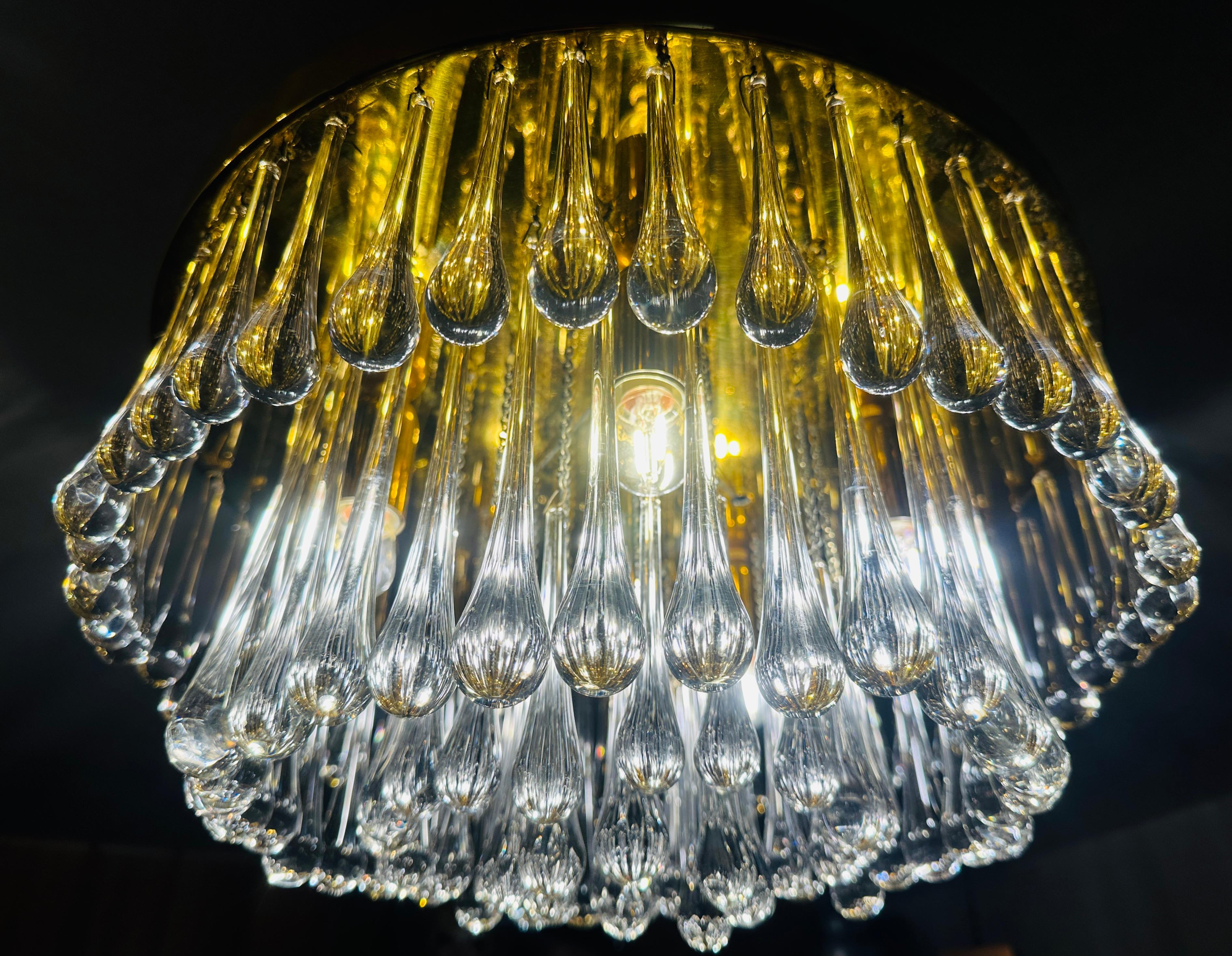 20ième siècle 1970s German Murano Glass Tear Drop & Brass Flush Mount by Christoph Palme en vente
