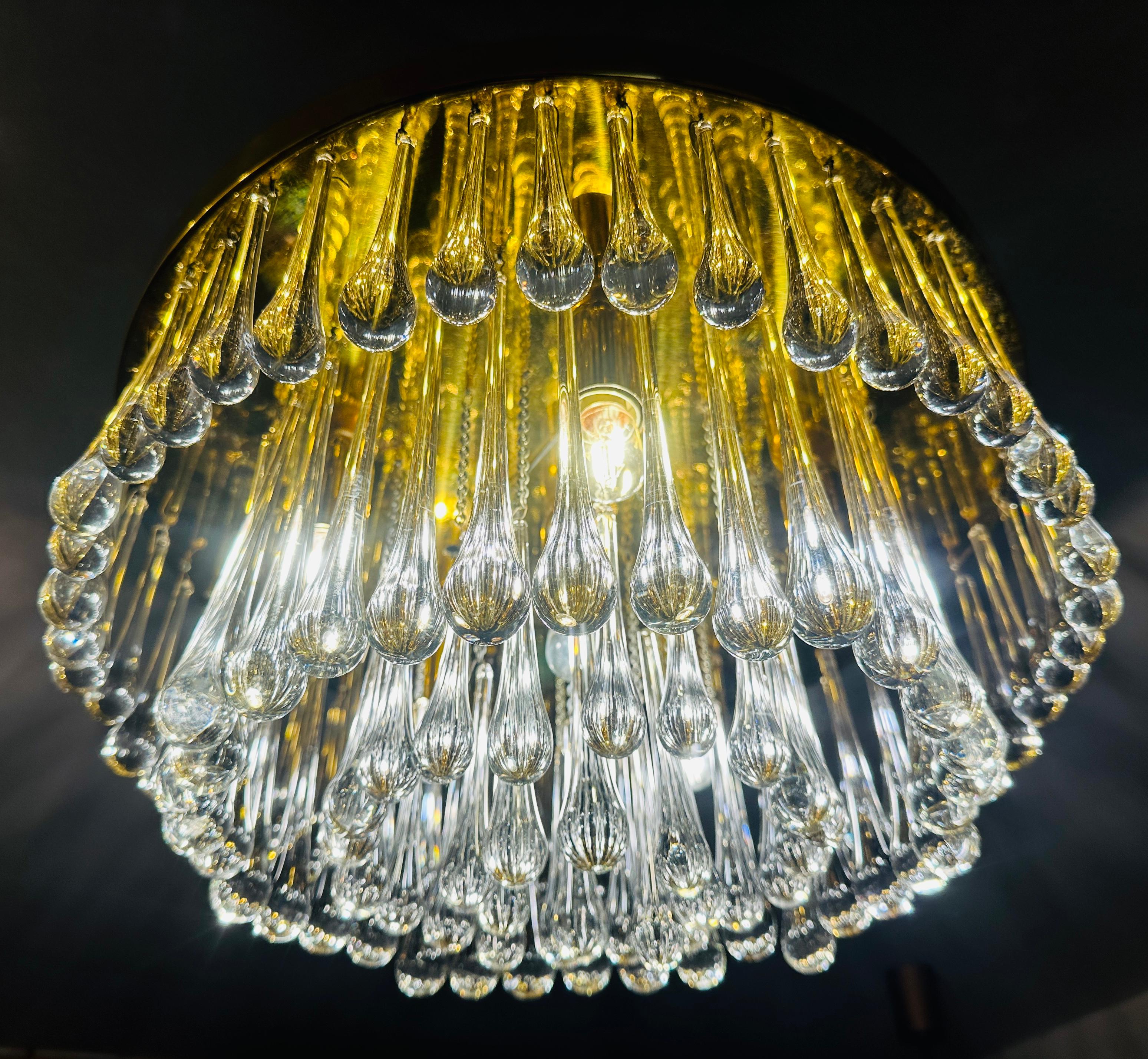 Métal 1970s German Murano Glass Tear Drop & Brass Flush Mount by Christoph Palme en vente