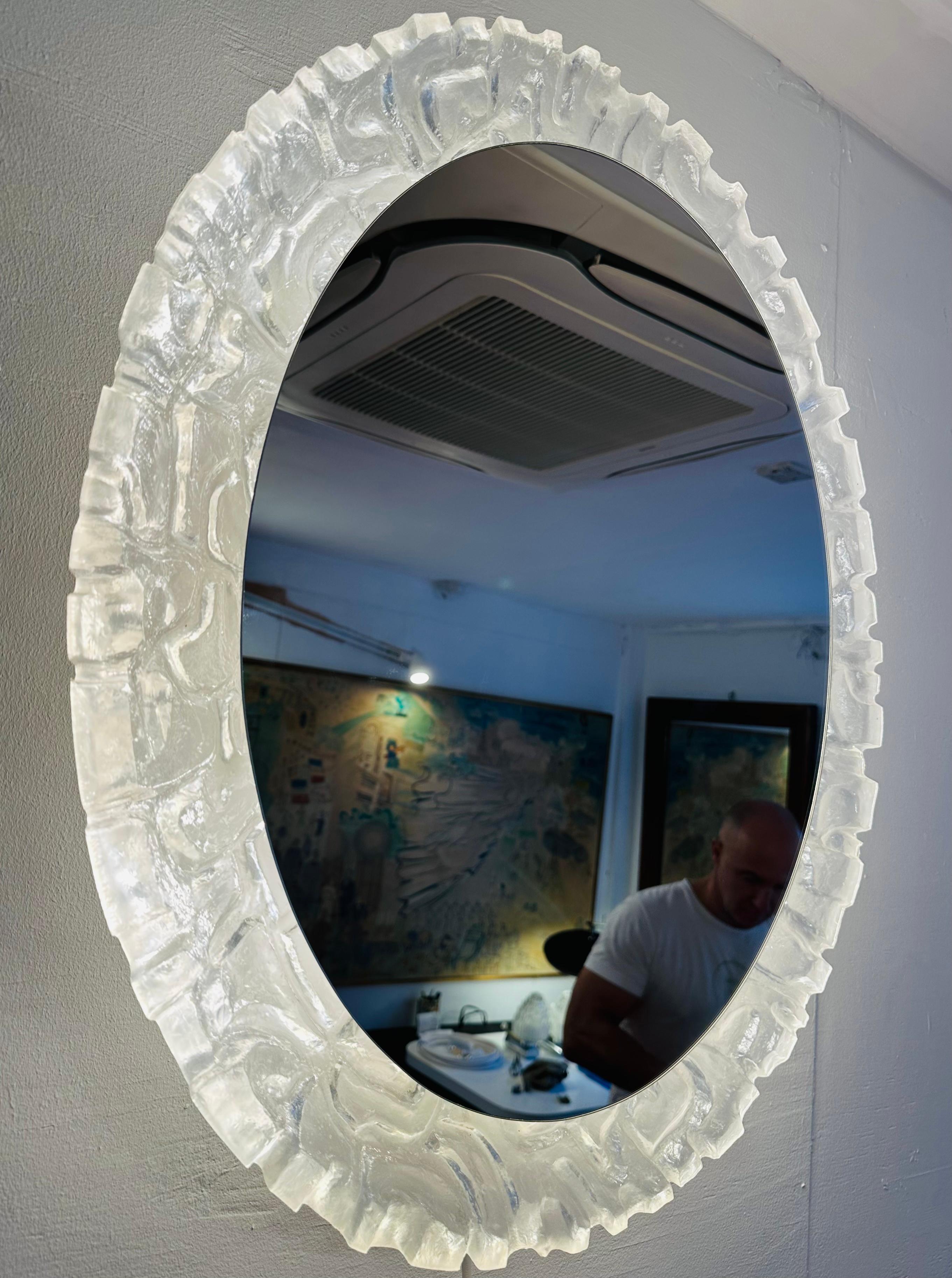 1970s German Oval Erco Back lit Illuminated Lucite Mirrored Glass Wall Mirror In Good Condition For Sale In London, GB