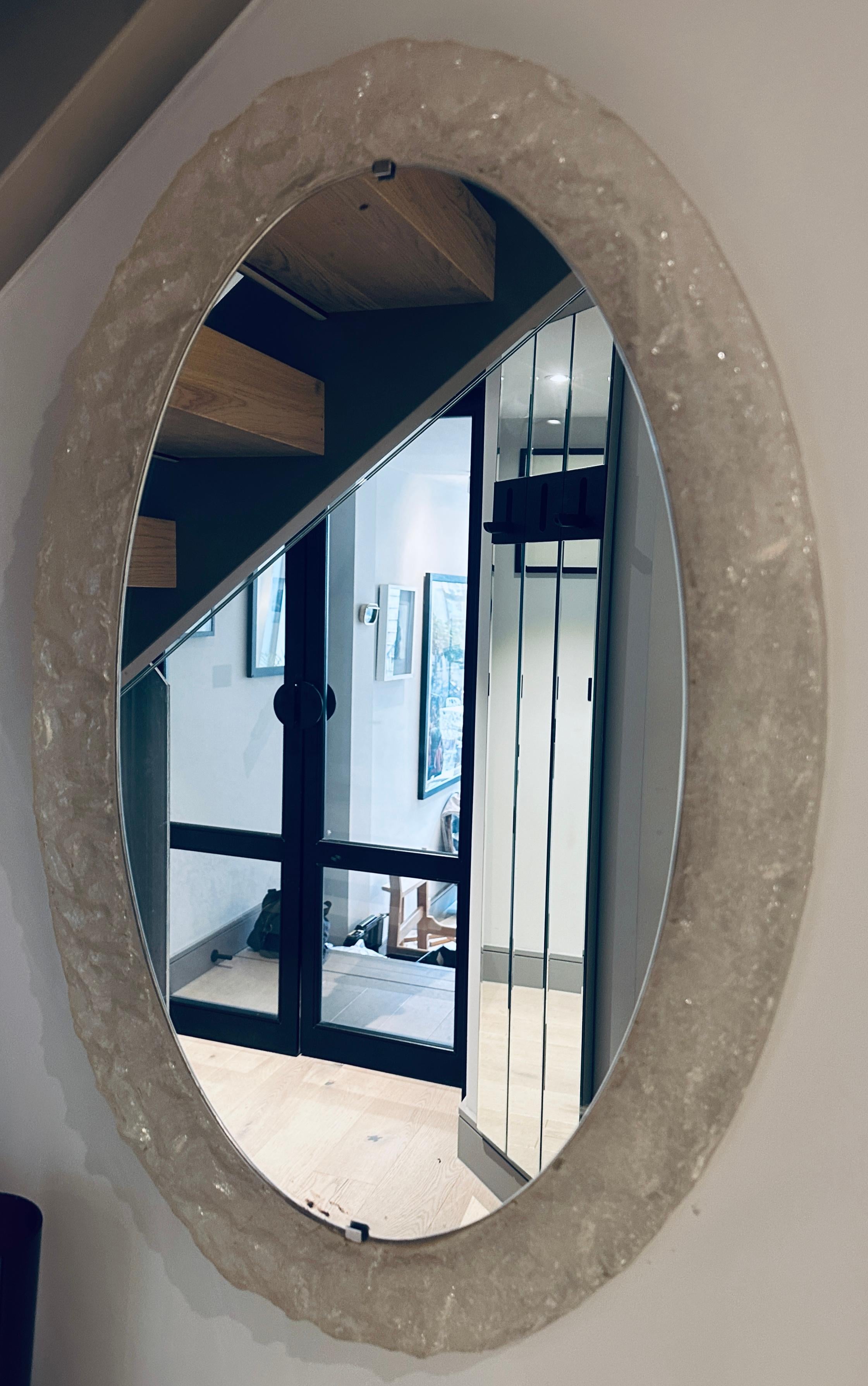 Space Age 1970s German Oval Frosted-Iced Acrylic Framed Oval Glass Wall Hanging Mirror