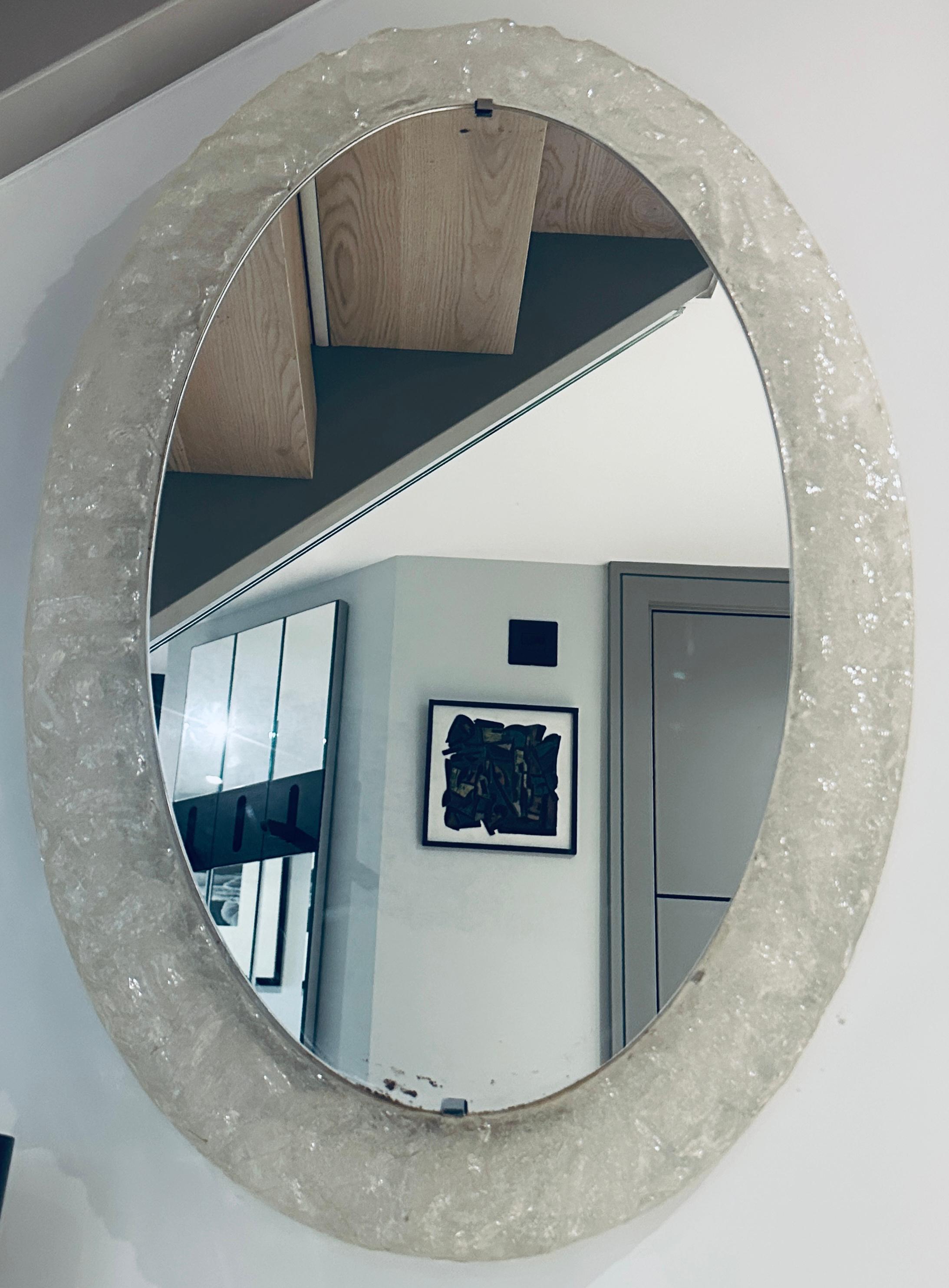 1970s German Oval Frosted-Iced Acrylic Framed Oval Glass Wall Hanging Mirror In Good Condition In London, GB