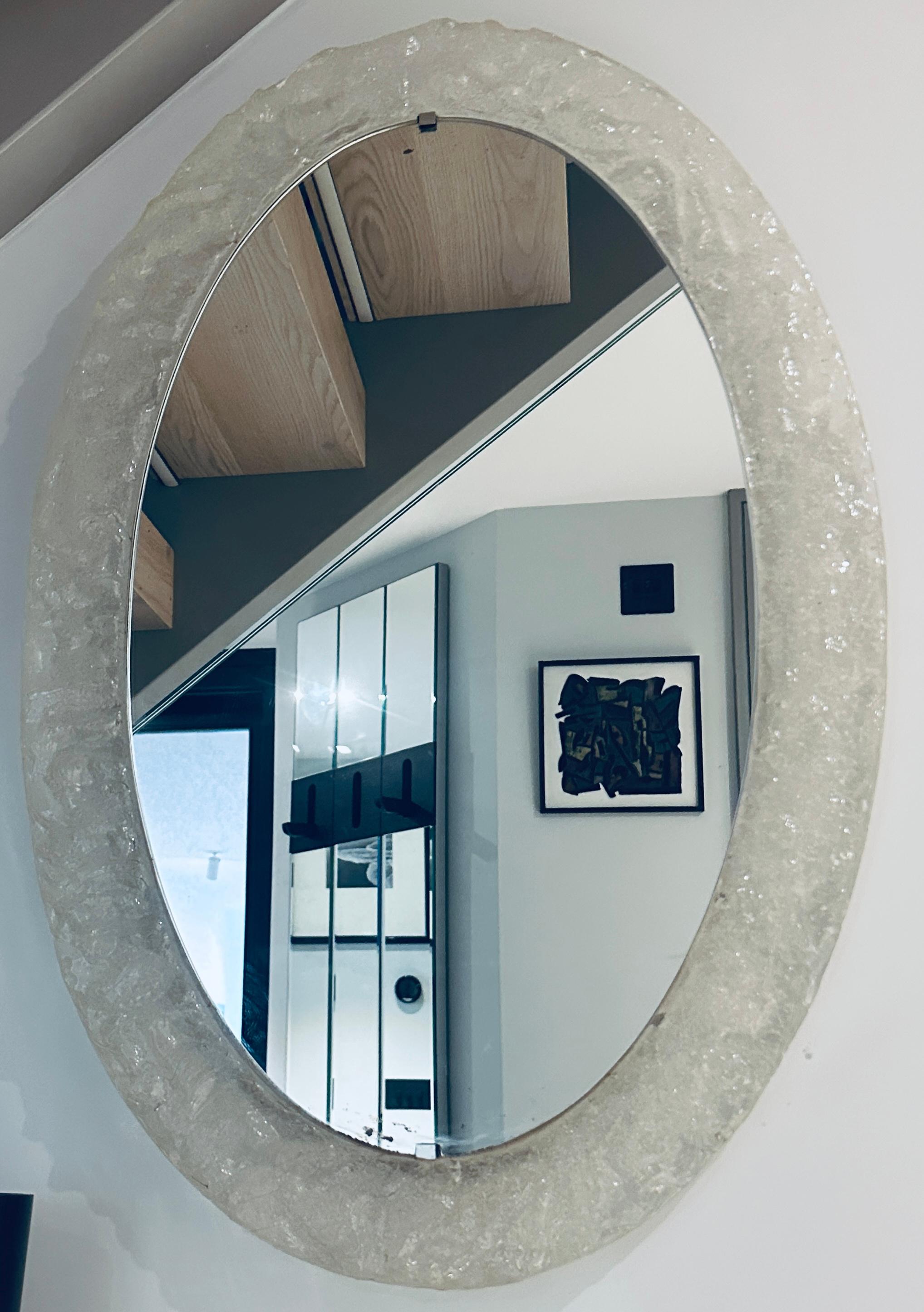 20th Century 1970s German Oval Frosted-Iced Acrylic Framed Oval Glass Wall Hanging Mirror