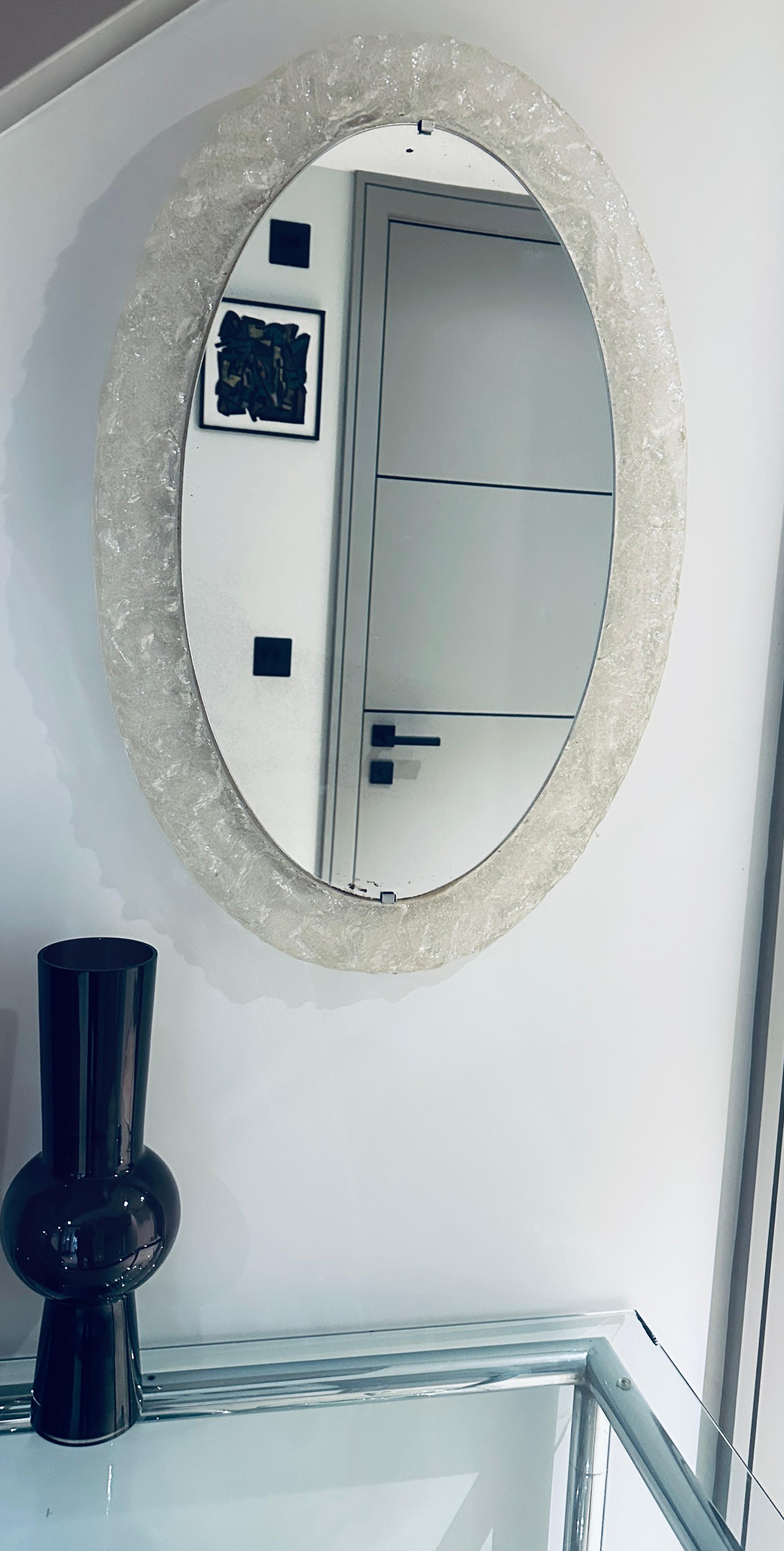1970s German Oval Frosted-Iced Acrylic Framed Oval Glass Wall Hanging Mirror 1