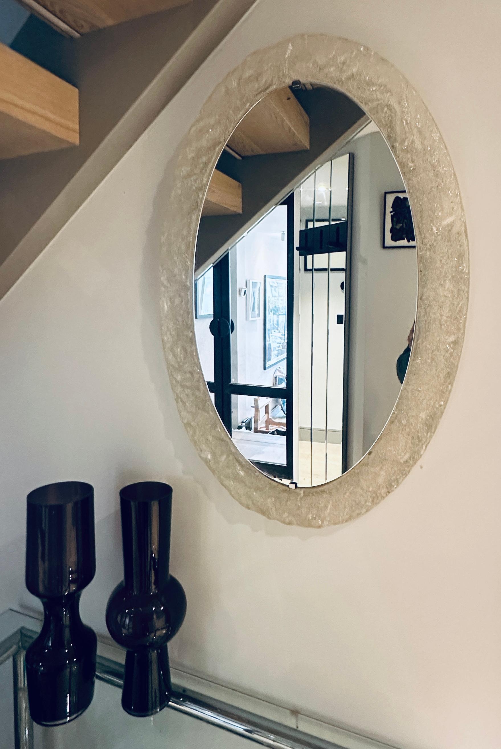 1970s German Oval Frosted-Iced Acrylic Framed Oval Glass Wall Hanging Mirror 2