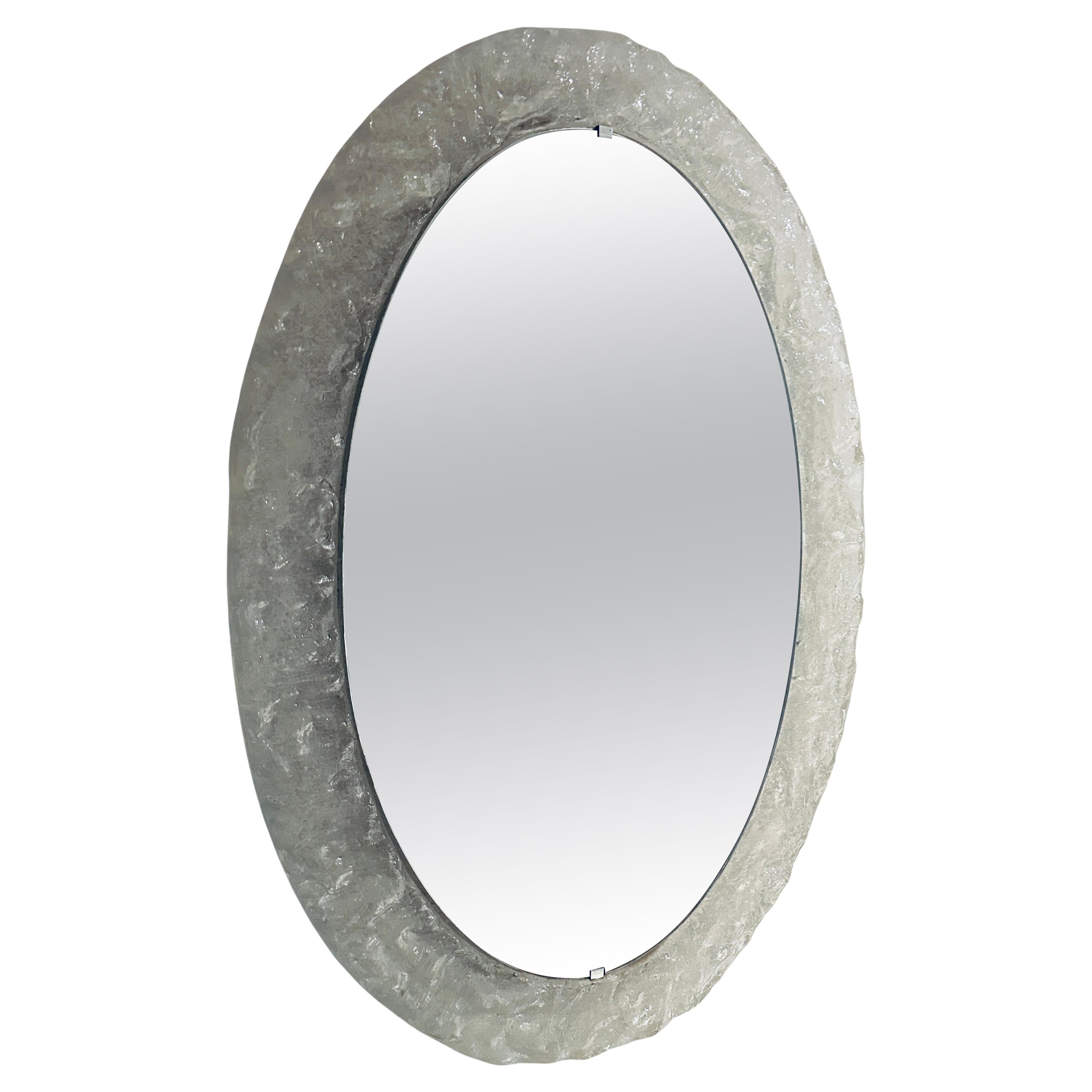 1970s German Oval Frosted-Iced Acrylic Framed Oval Glass Wall Hanging Mirror