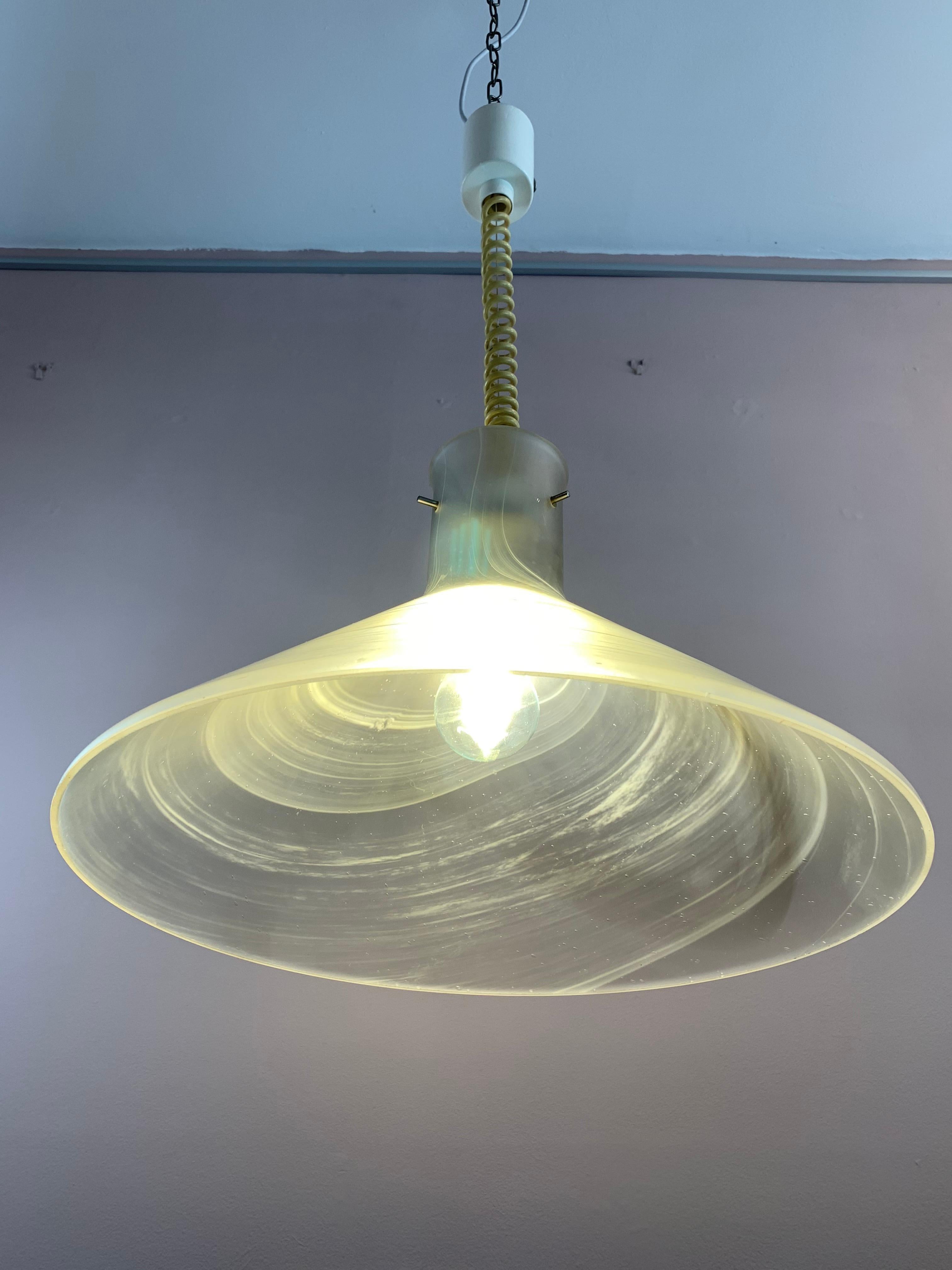 1970s German Peill & Putzler Conical Pulldown Opaque Glass Ceiling Hanging Light For Sale 7