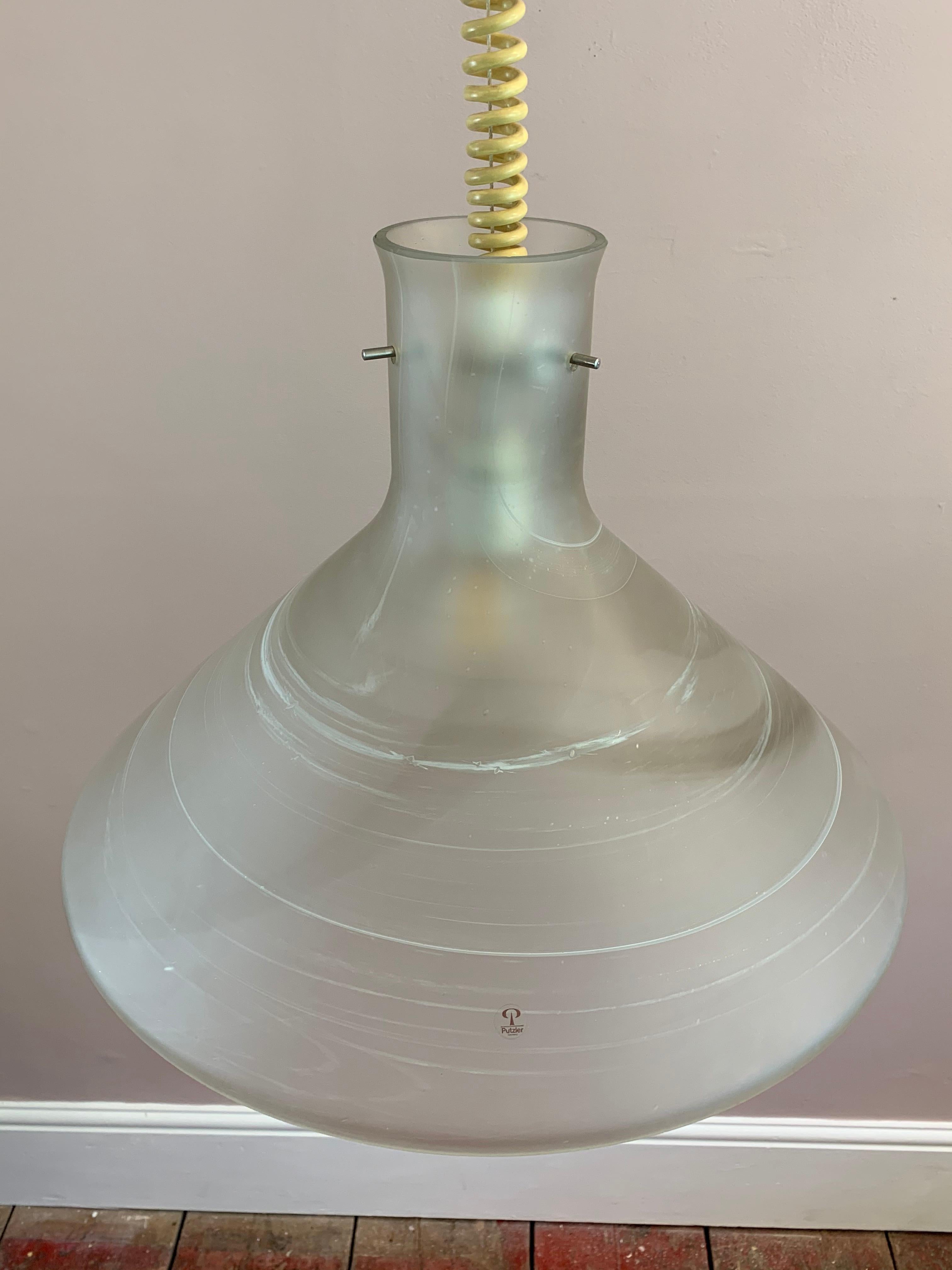1970s German Peill & Putzler Conical Pulldown Opaque Glass Ceiling Hanging Light For Sale 11