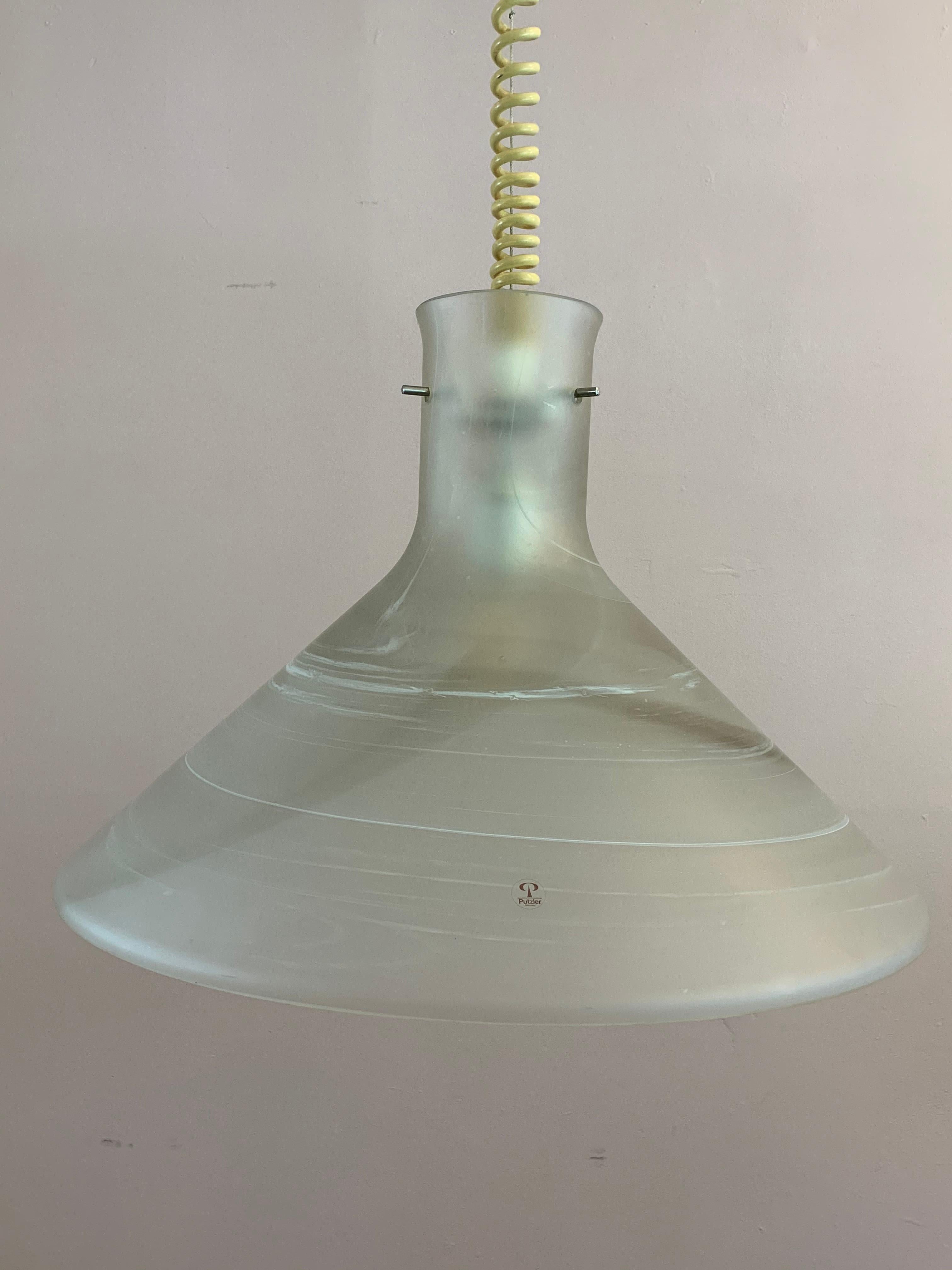 1970s German Peill & Putzler Conical Pulldown Opaque Glass Ceiling Hanging Light For Sale 12