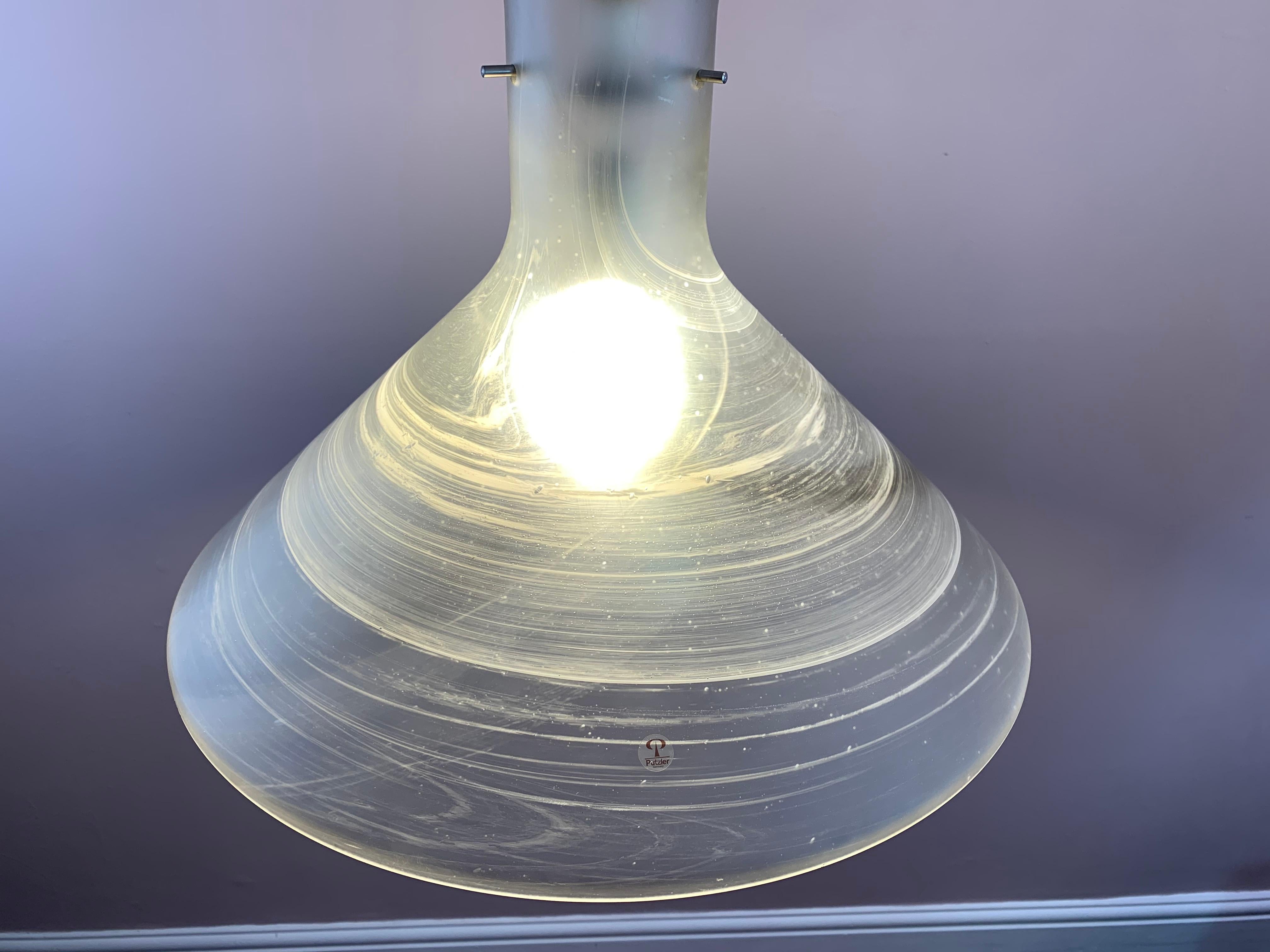 1970s German Peill & Putzler Conical Pulldown Opaque Glass Ceiling Hanging Light In Good Condition For Sale In London, GB