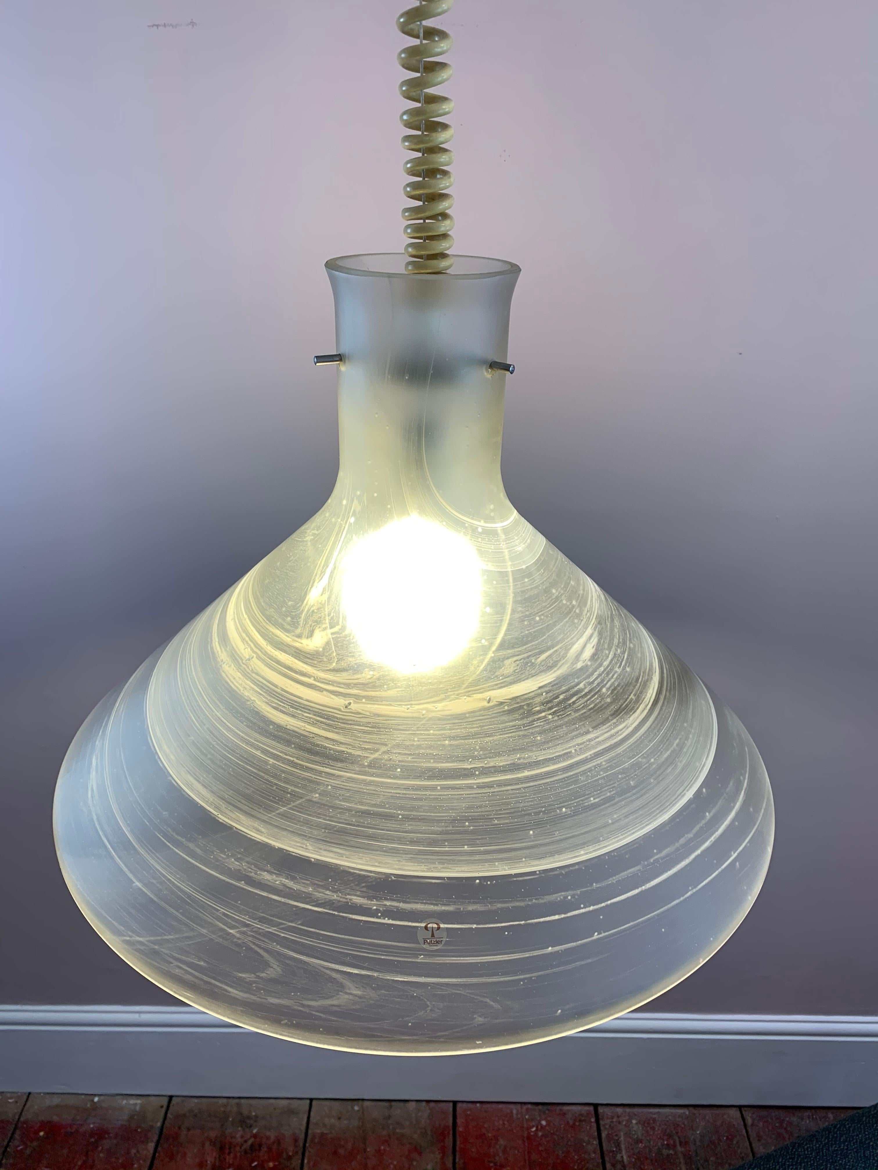 20th Century 1970s German Peill & Putzler Conical Pulldown Opaque Glass Ceiling Hanging Light For Sale