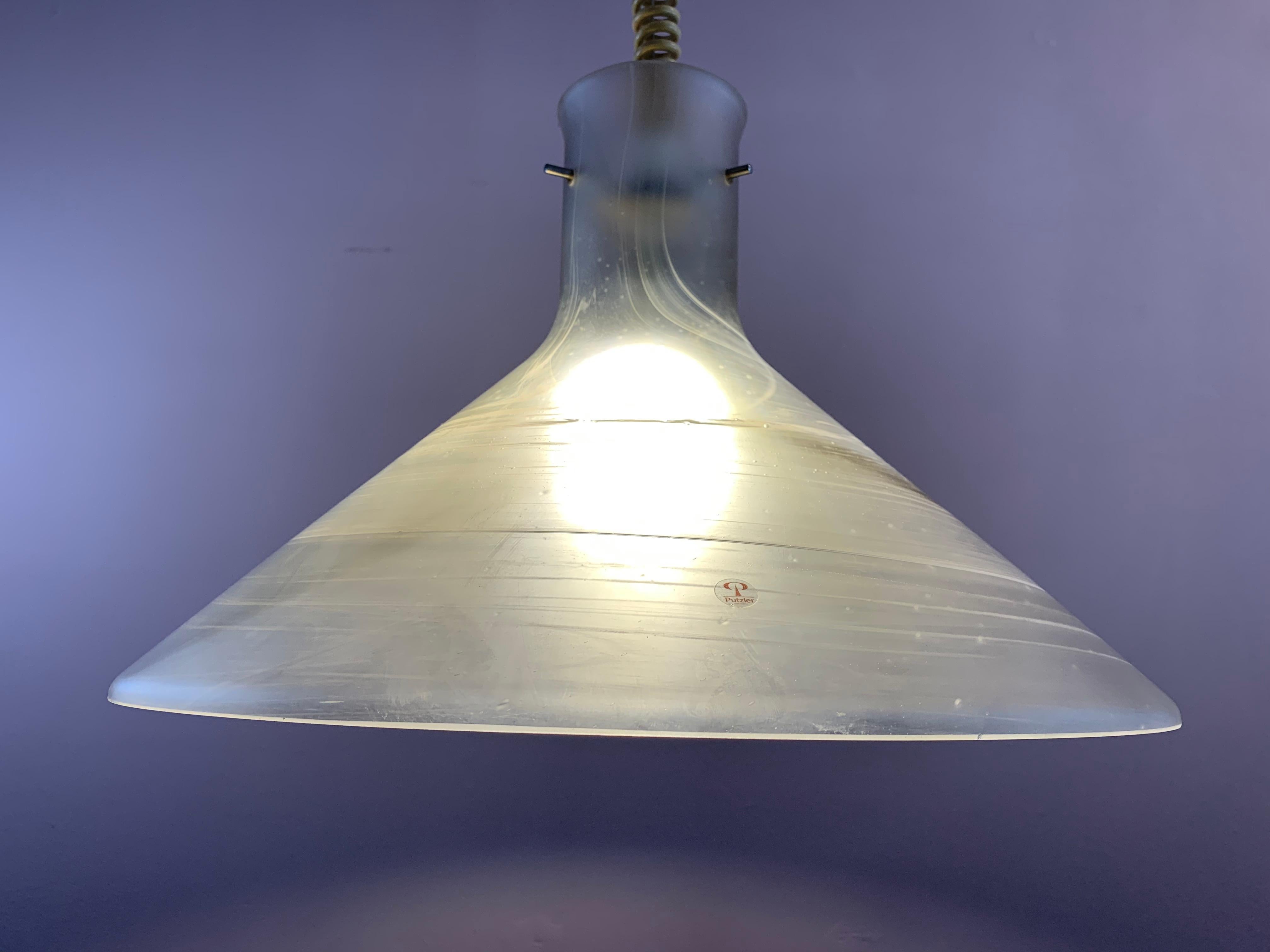 String 1970s German Peill & Putzler Conical Pulldown Opaque Glass Ceiling Hanging Light For Sale