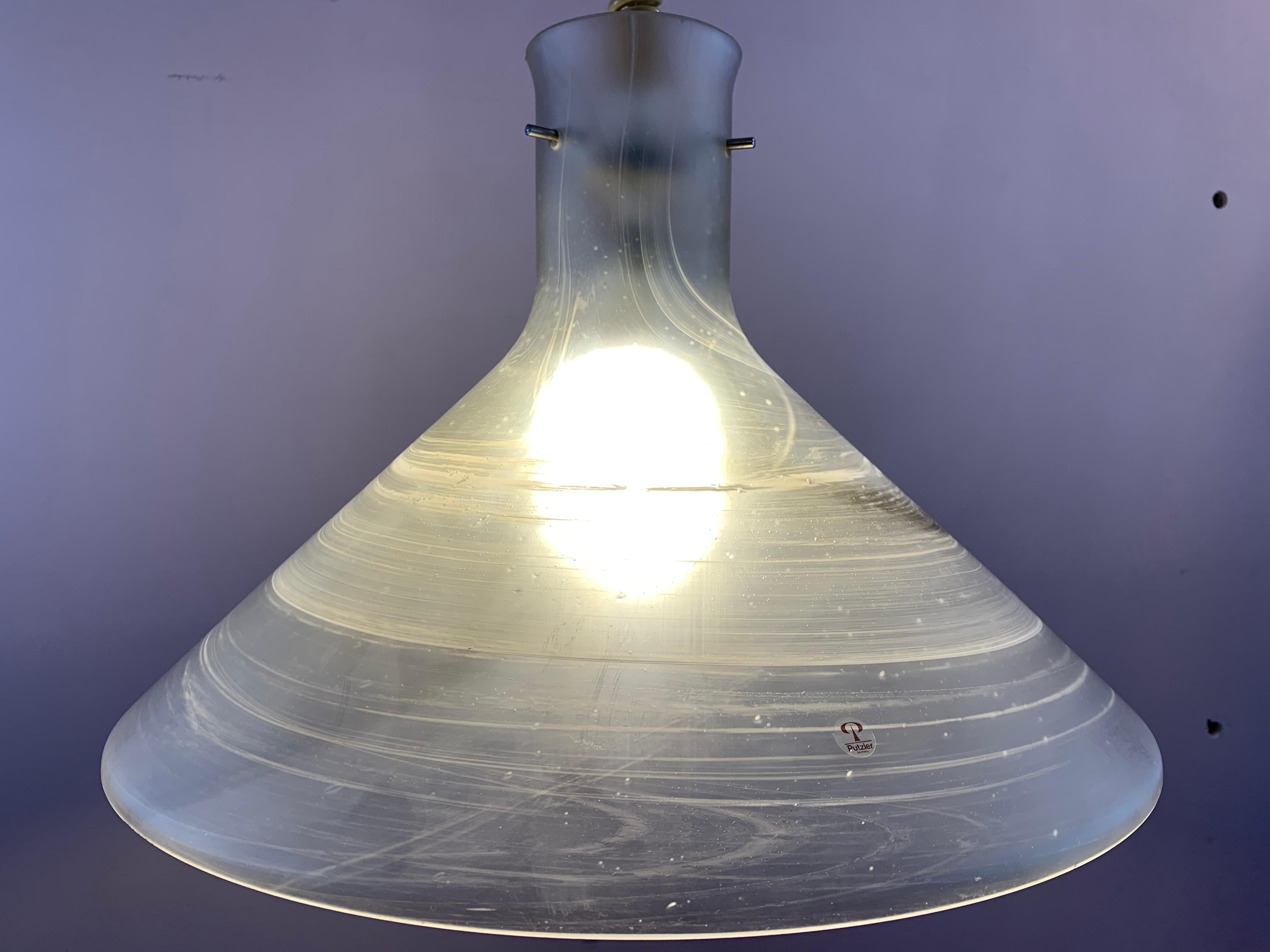 1970s German Peill & Putzler Conical Pulldown Opaque Glass Ceiling Hanging Light For Sale 2