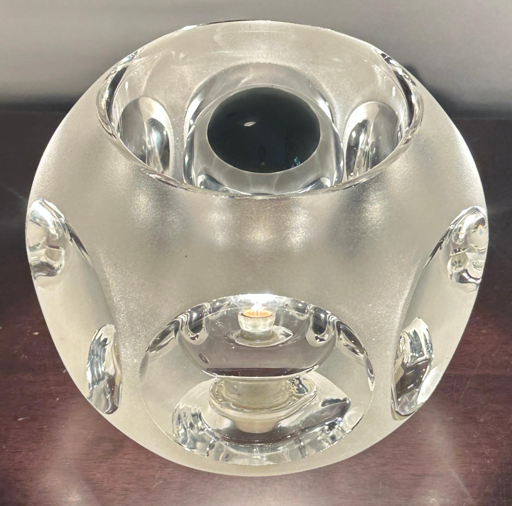 1970s German Peill and Putzler frosted glass circular table lamps with five feature clear glass convex indentations which magnify and reflect the light beautifully. 

The lamps have been rewired with a transparent flex with a matching on/off switch