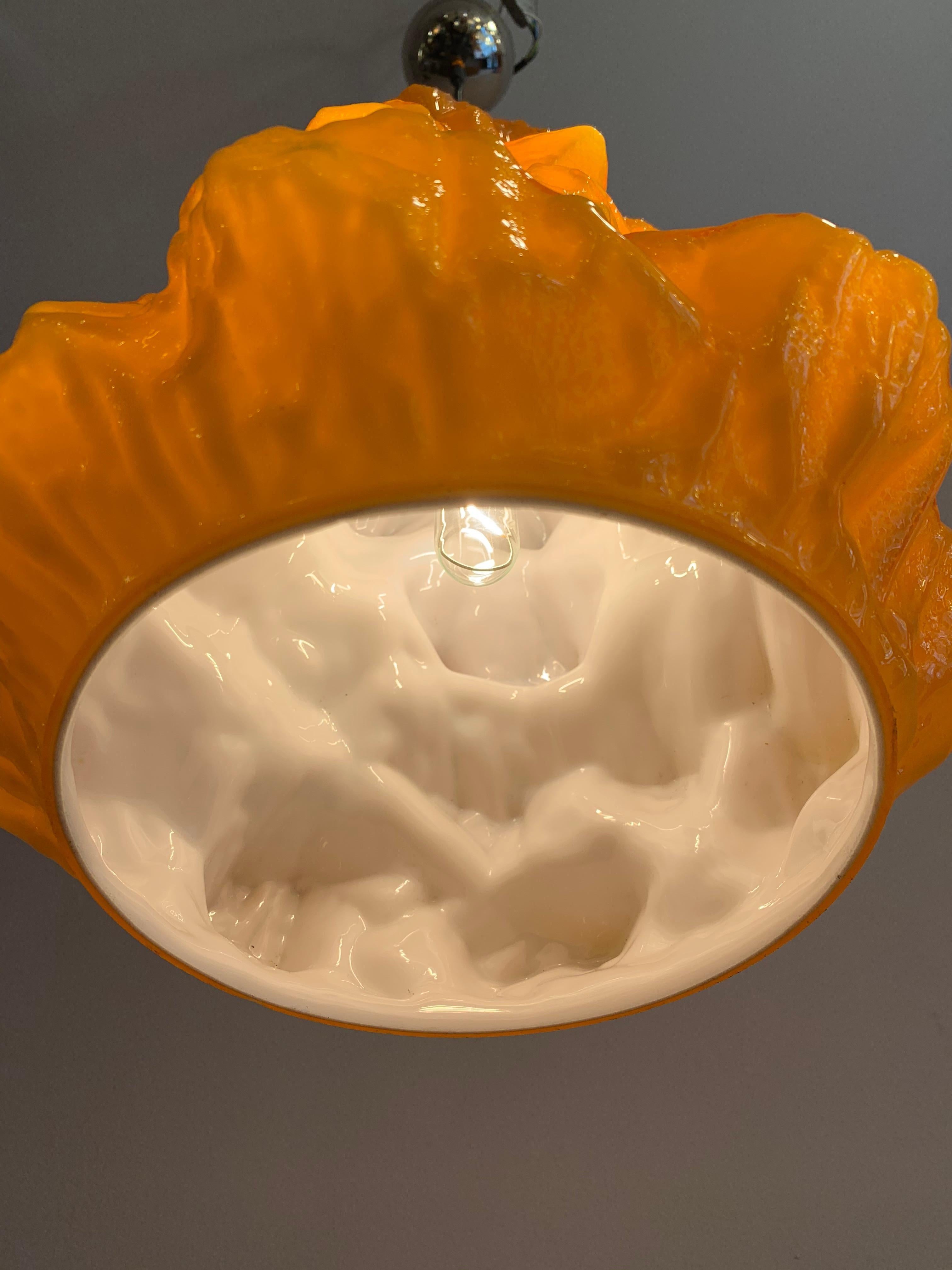 1970s German Peill & Putzler Glacial Orange & White Cast Glass Pendant Light 11