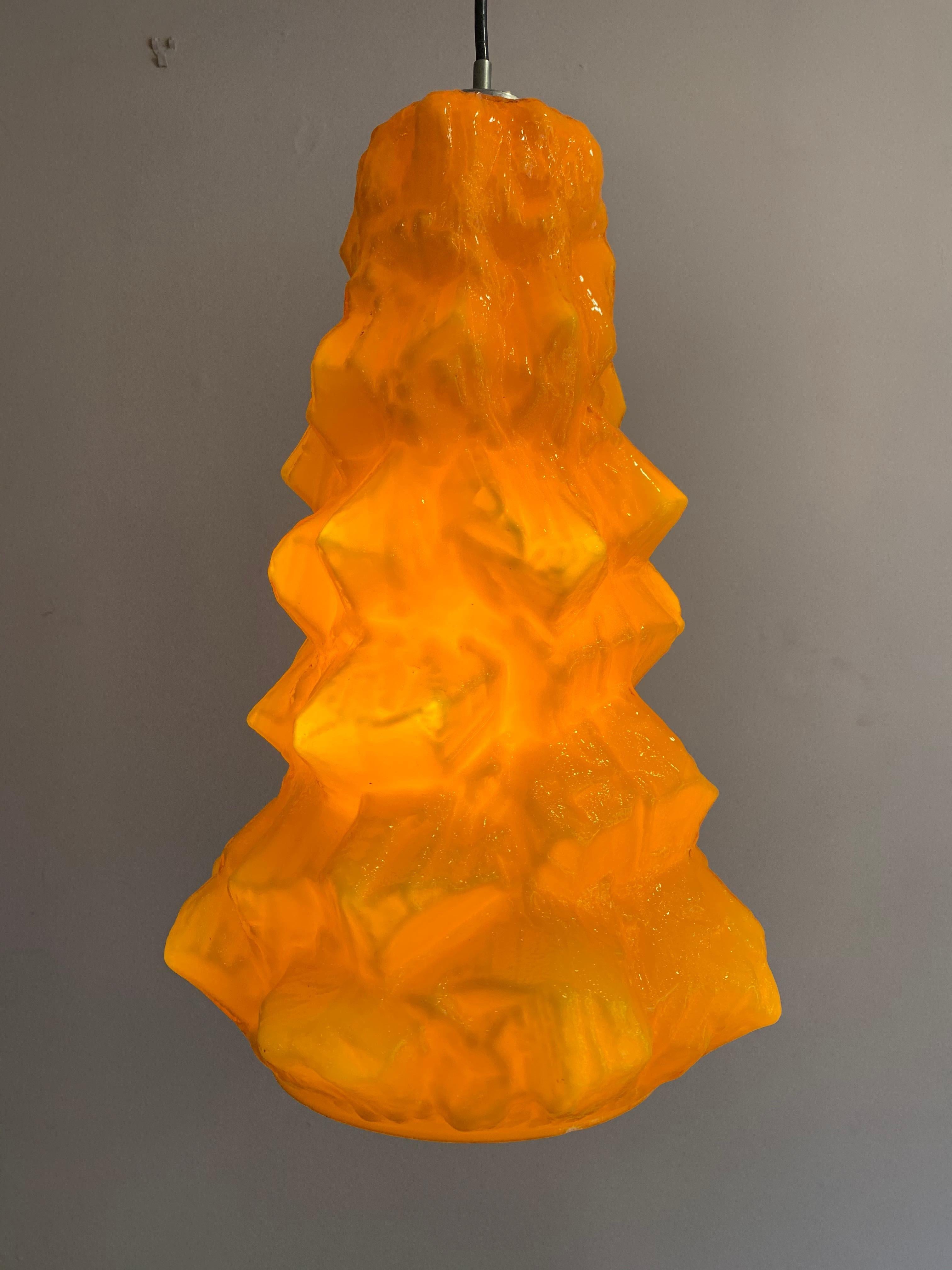 Mid-Century Modern 1970s German Peill & Putzler Glacial Orange & White Cast Glass Pendant Light