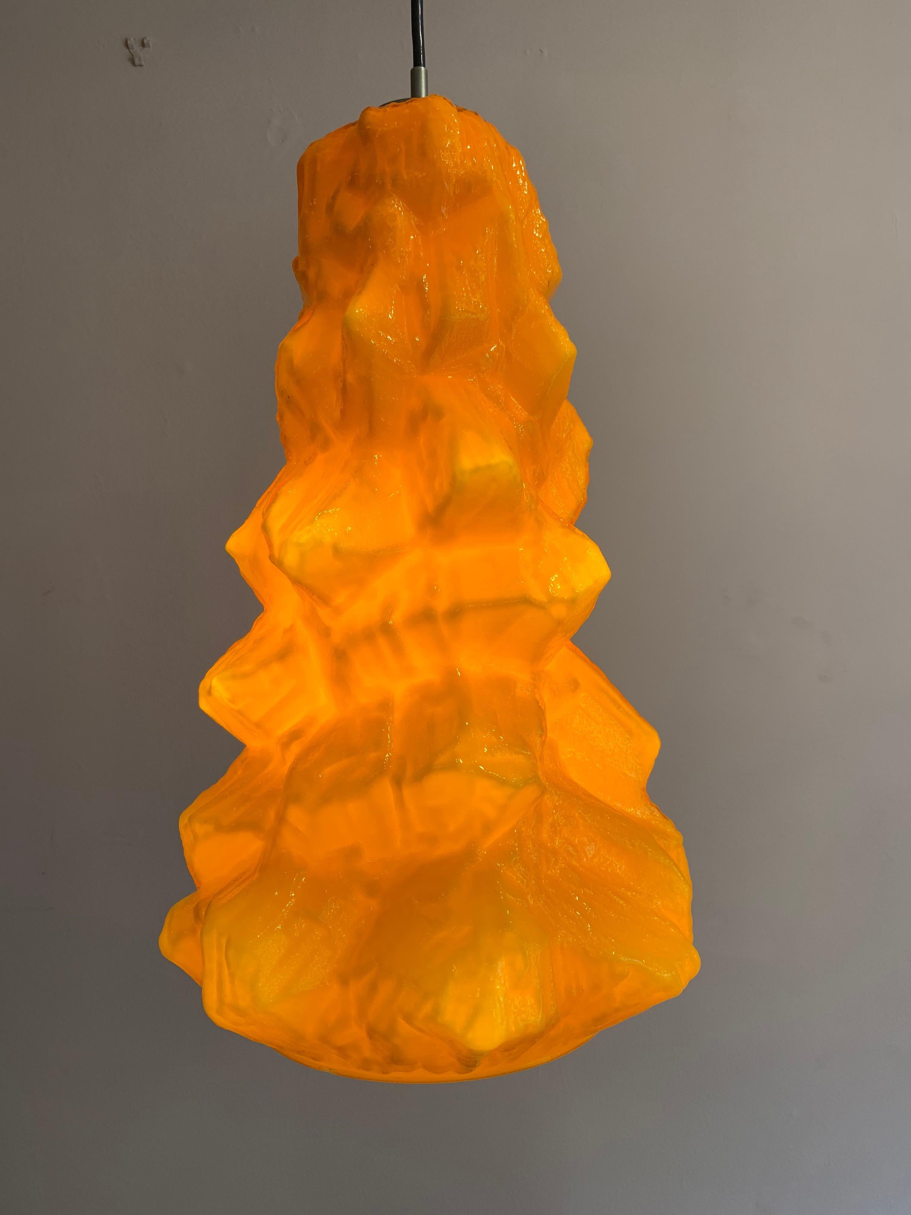 20th Century 1970s German Peill & Putzler Glacial Orange & White Cast Glass Pendant Light