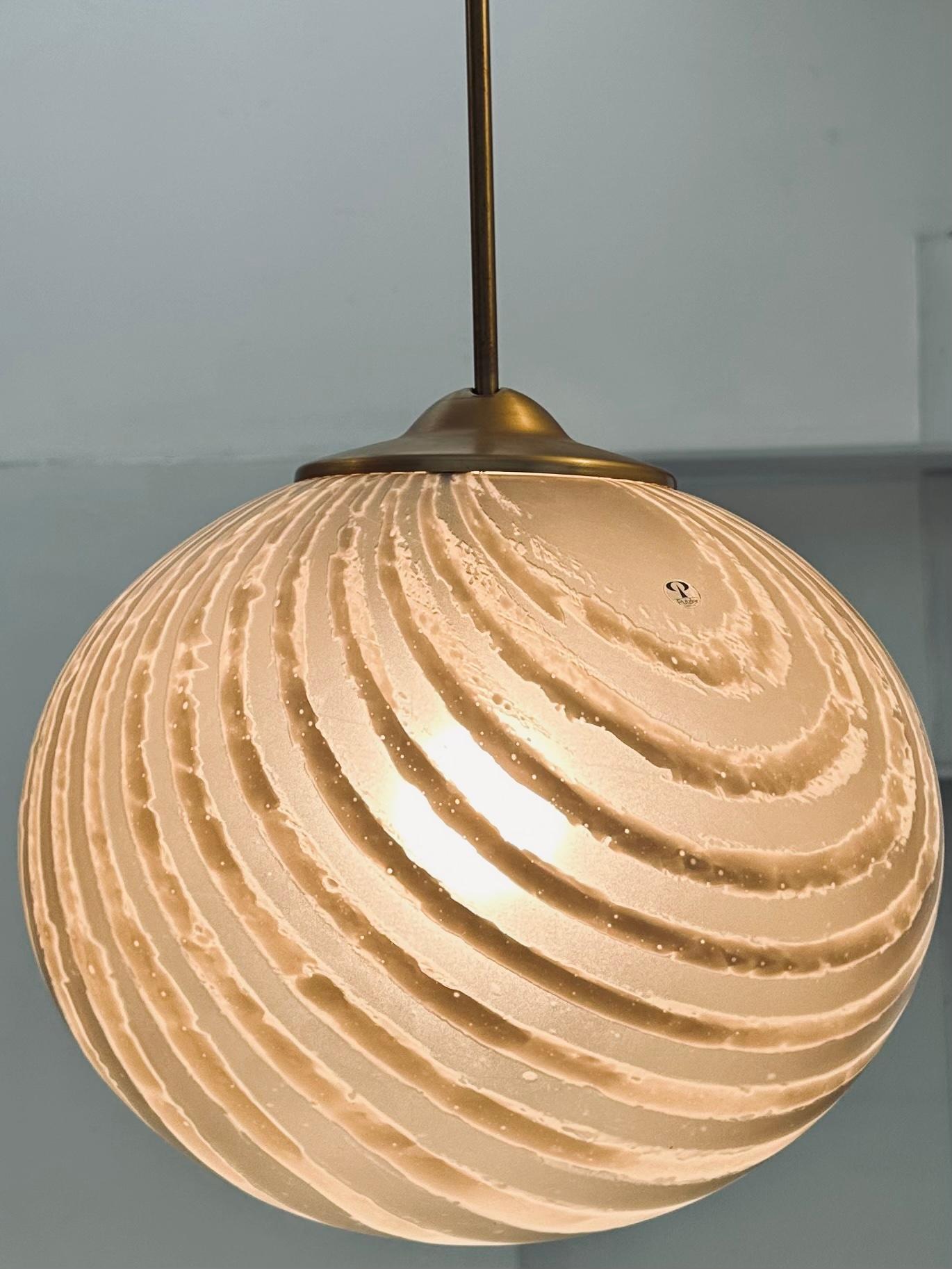 Mid-Century Modern 1970s German Peill & Putzler Gold Tinted Striped Satin Glass Hanging Light For Sale