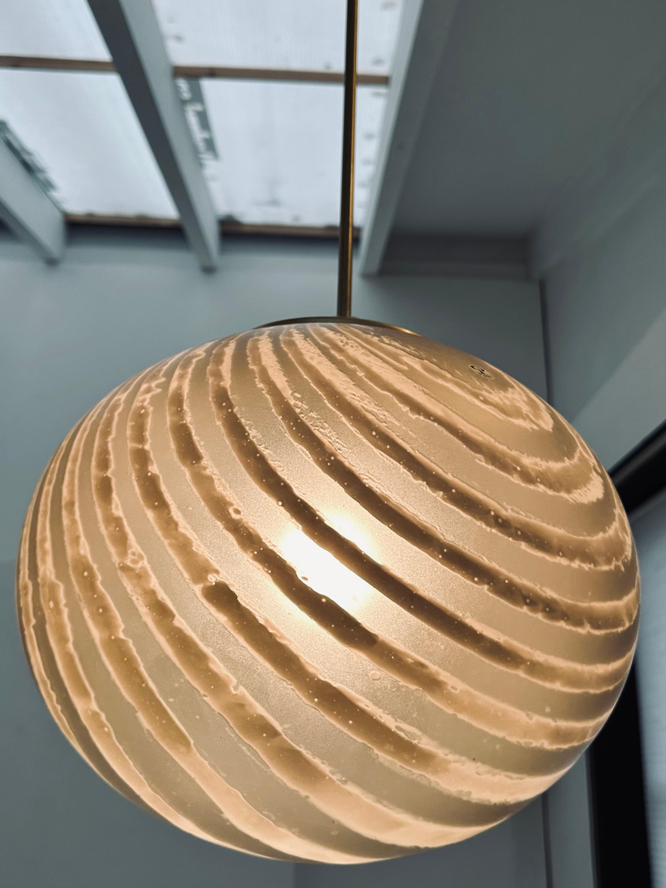 Polished 1970s German Peill & Putzler Gold Tinted Striped Satin Glass Hanging Light For Sale