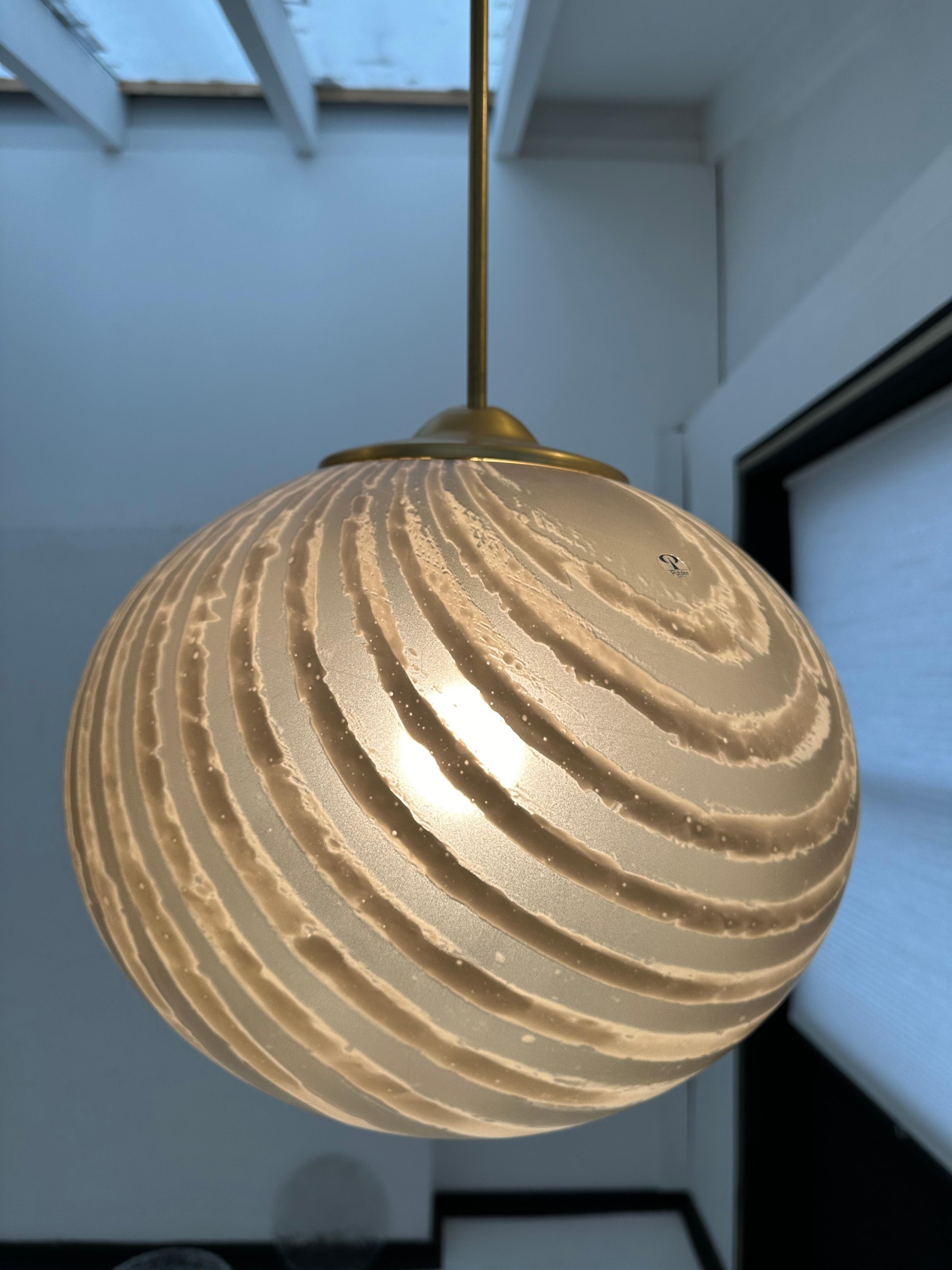 Metal 1970s German Peill & Putzler Gold Tinted Striped Satin Glass Hanging Light For Sale